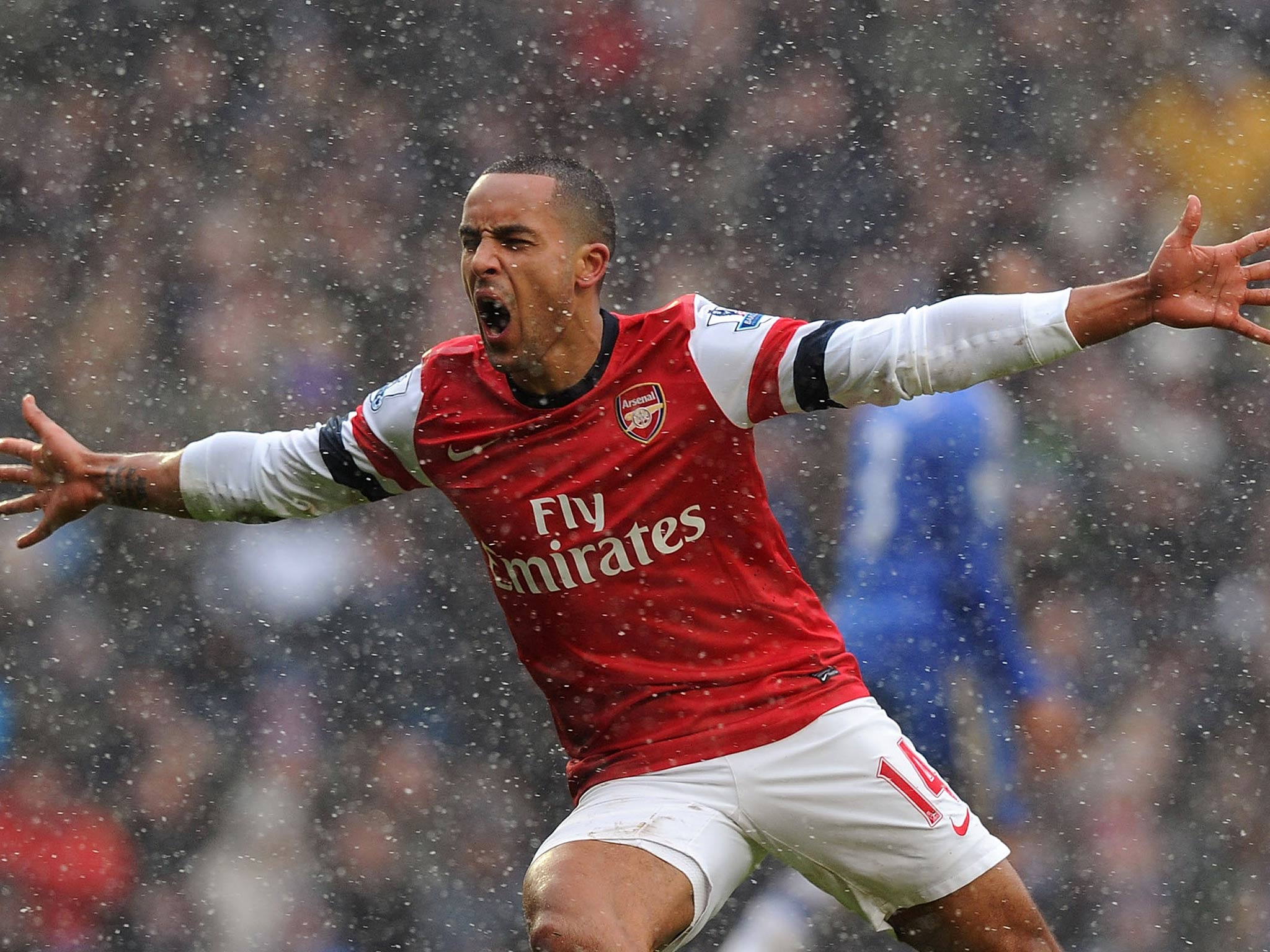 Theo Walcott celebrates scoring against Chelsea