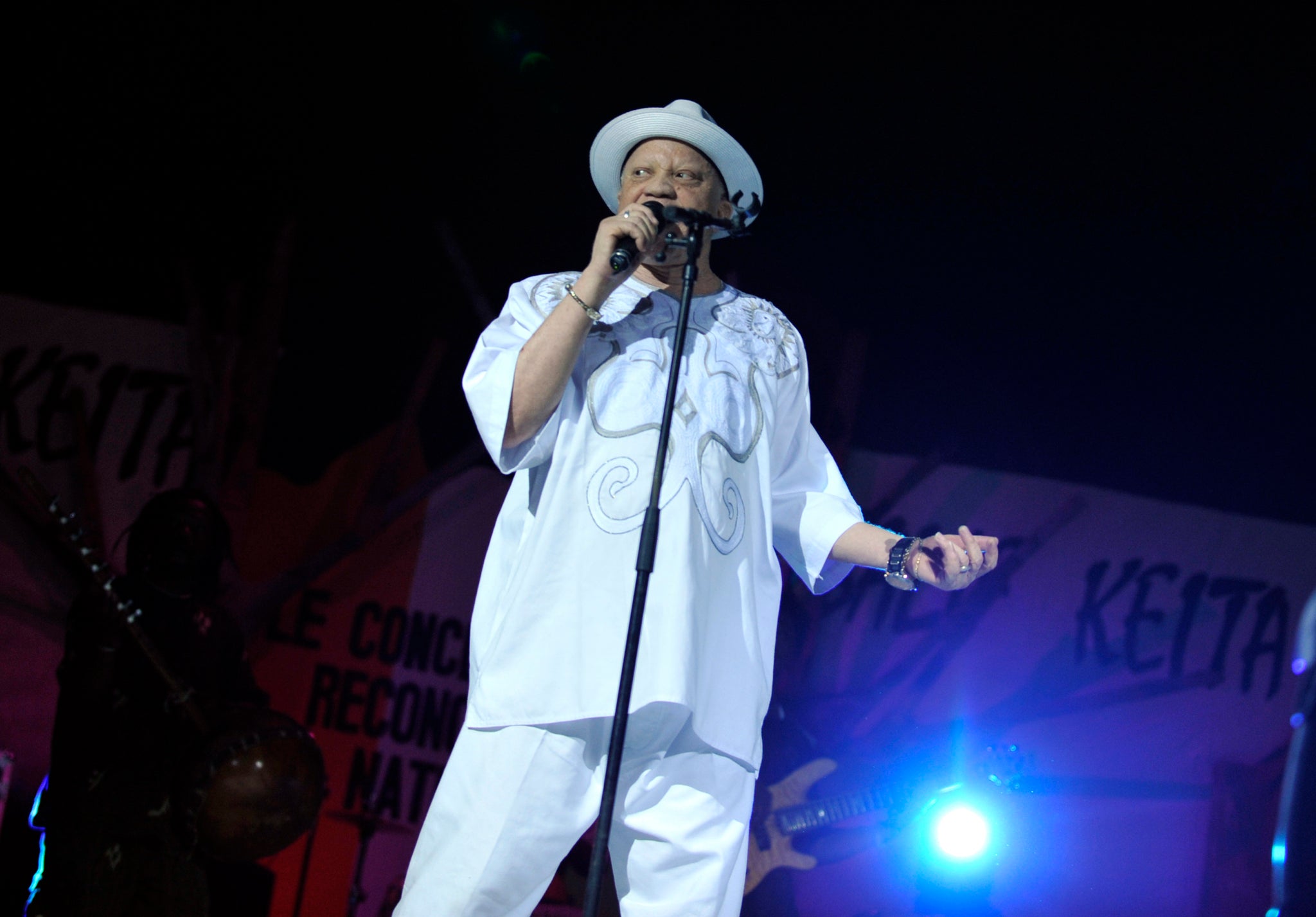 Malian singer Salif Keita performs on July 30, 2011 in Abidjan during a concert for national reconciliation following post elections violence. He will perform at Celtic Connections in February