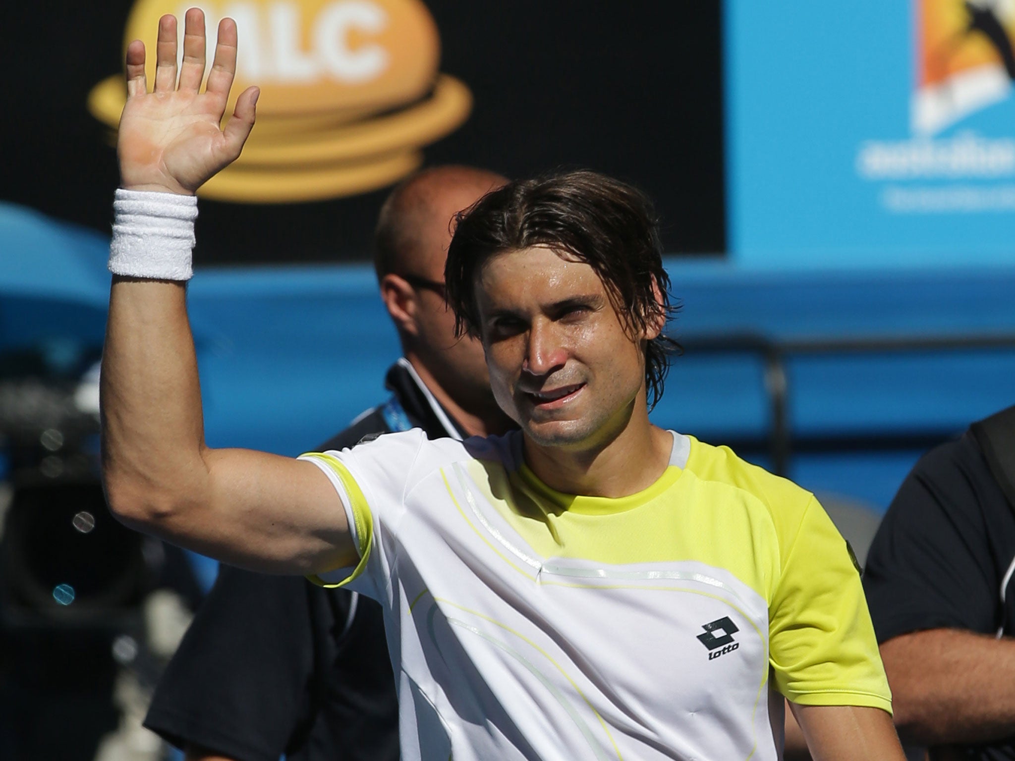 Spain's David Ferrer celebrates after defeating compatriot Nicolas Almagro earlier this year