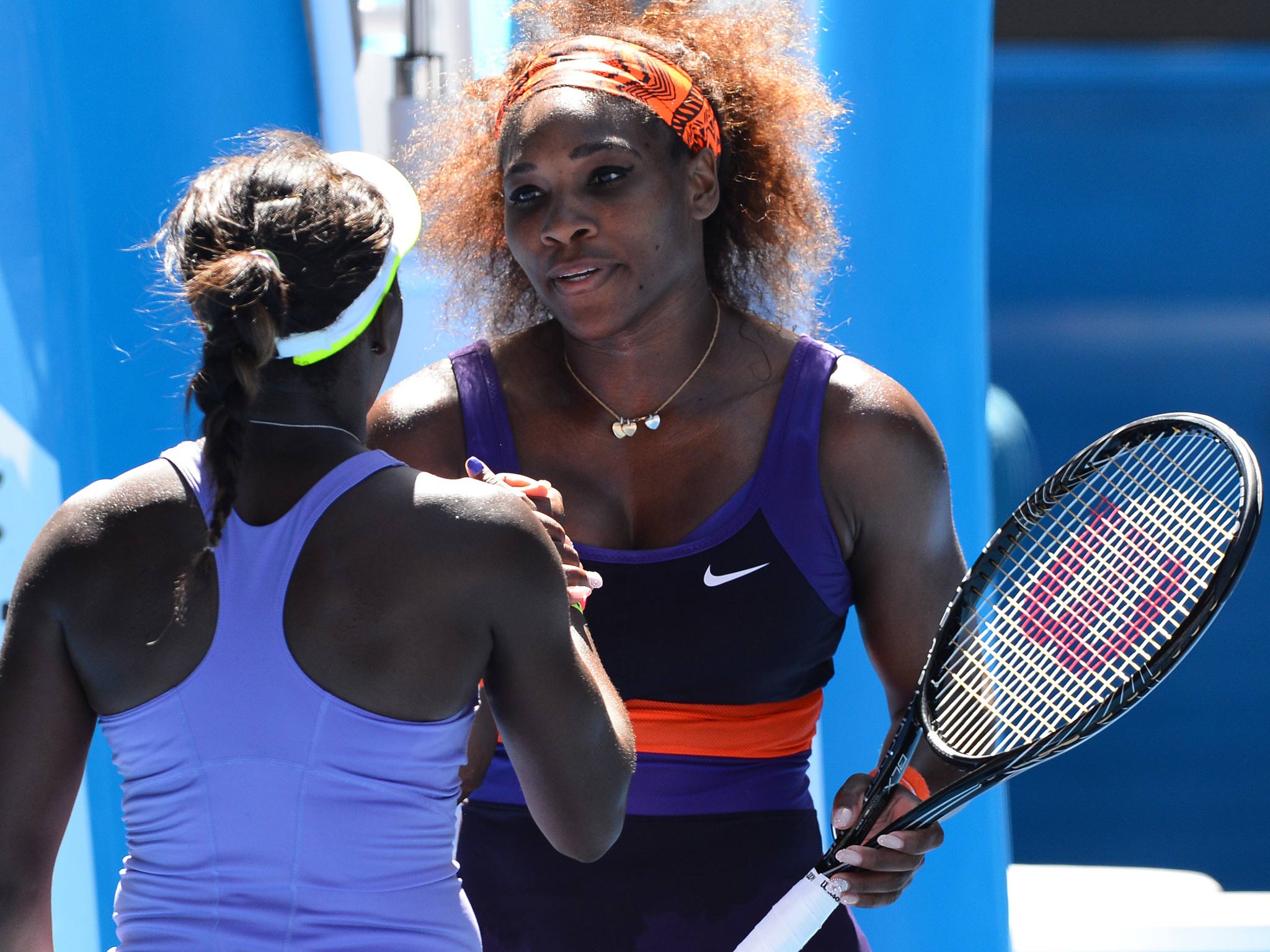 Serena Williams of the US shakes hands with Sloane Stephens following her exit from the Australian Open