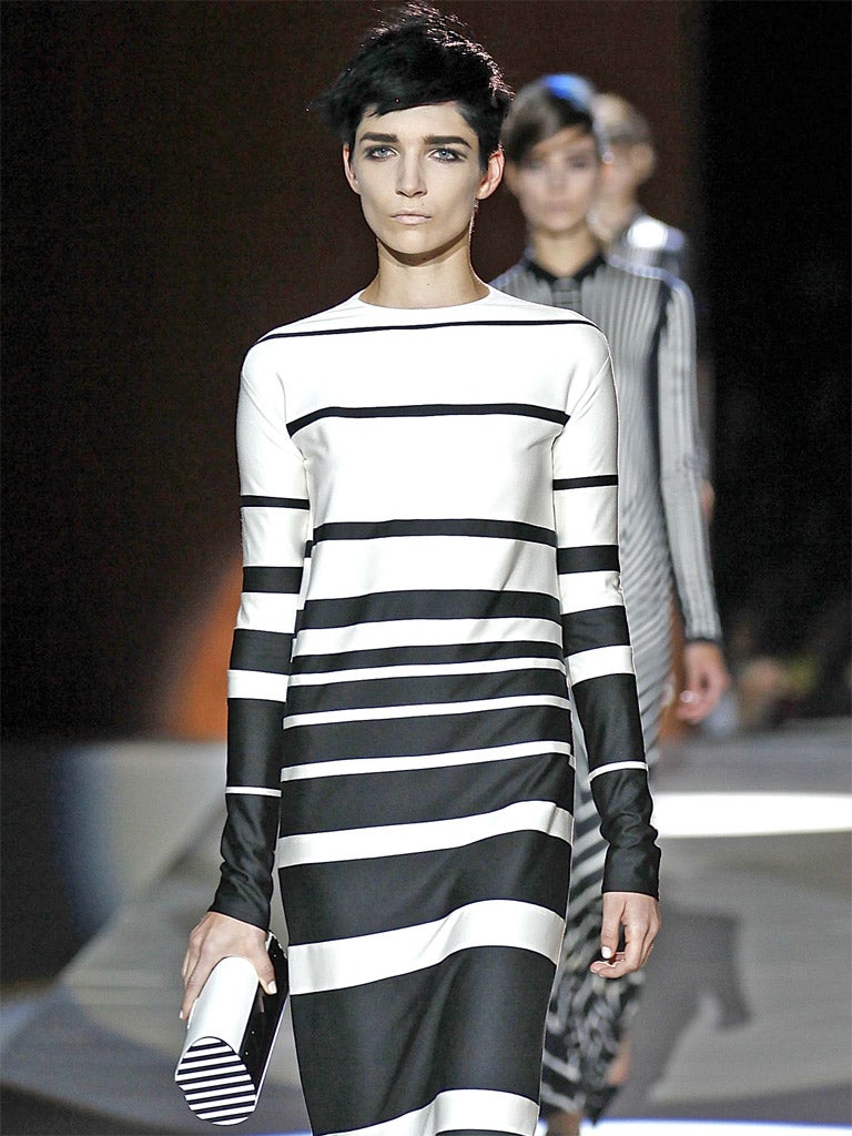 A model walks the runway at the Marc Jacobs Spring 2013 fashion show in New York