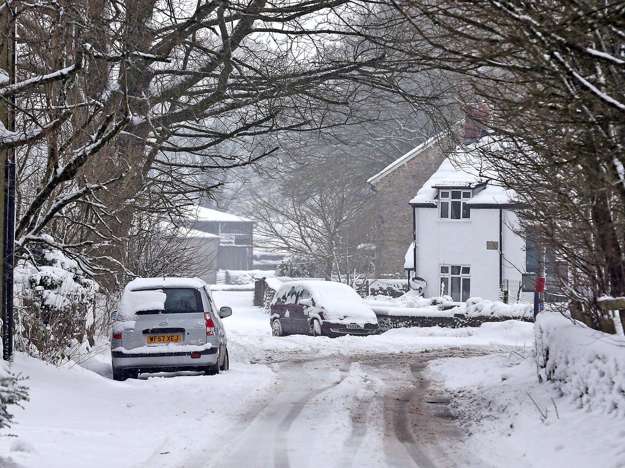 The snowy scene in the Mendip village of Priddy, Somerset