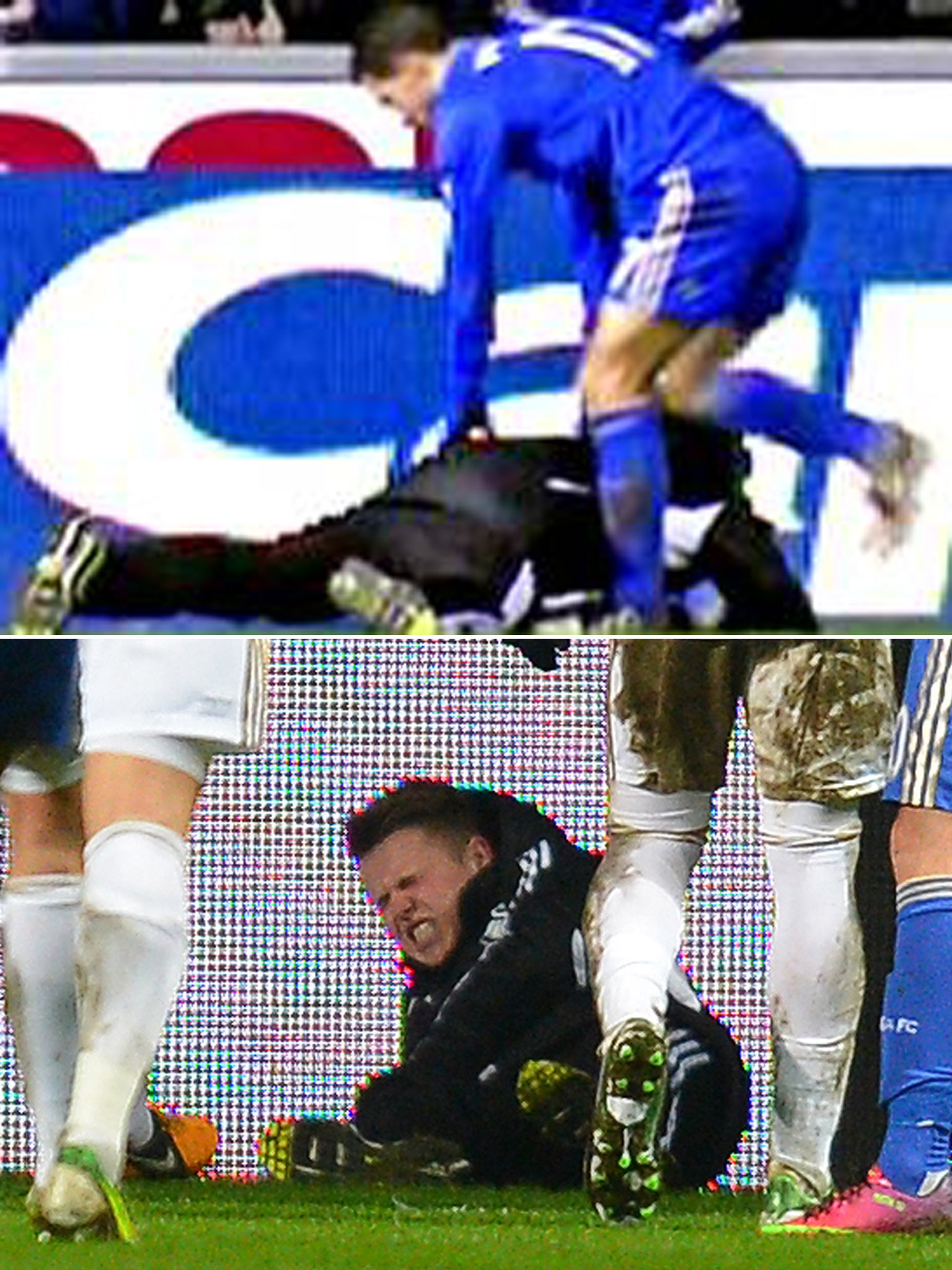 The moment Eden Hazard kicks the ball boy (top). The young man in pain