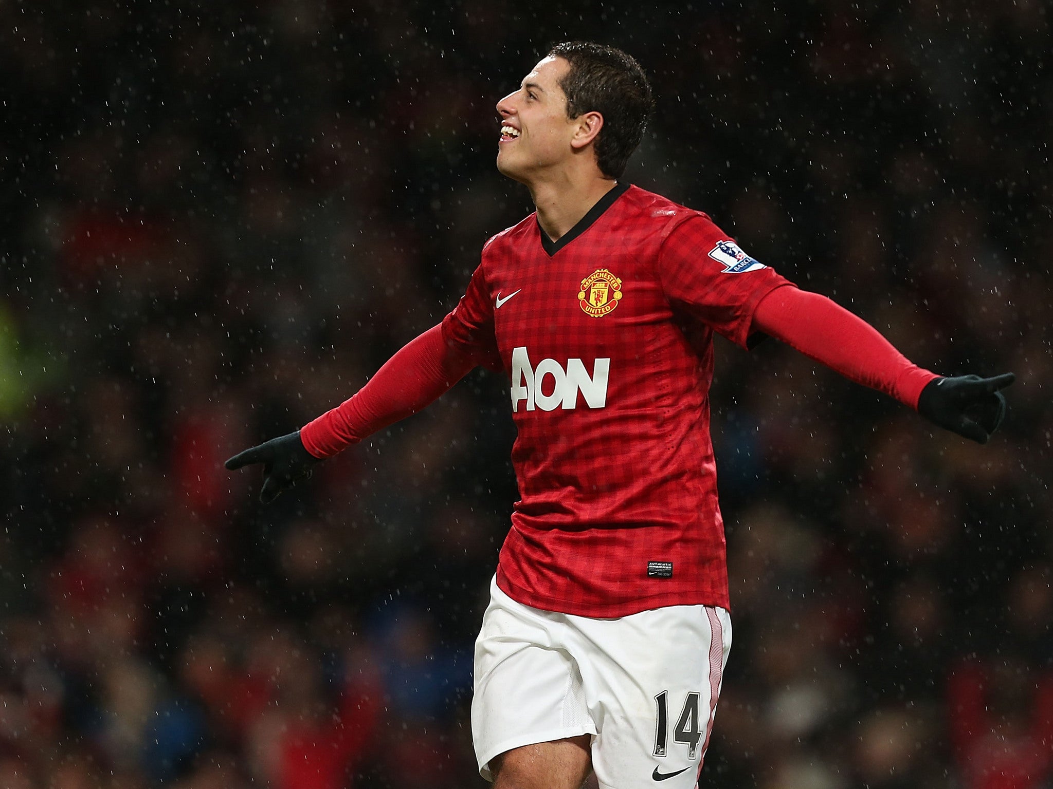 Javier Herndandez of Manchester United celebrates his brace