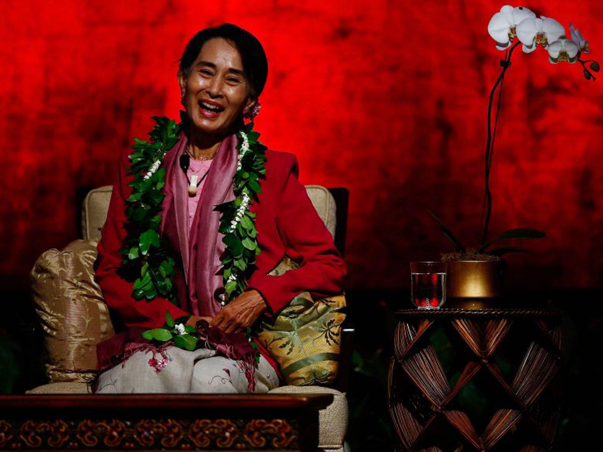 Nobel Peace Laureate Aung San Suu Kyi at a question and answer session at a Pillars of Peace event in Hawaii