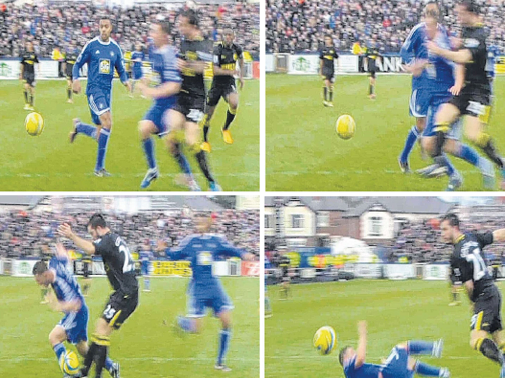 Wigan’s Roman Golobart barges into the back of Waide Fairhurst of Macclesfield