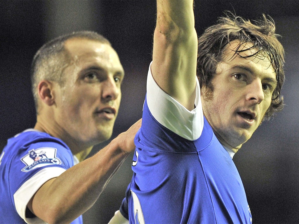 Leon Osman congratulates his team-mate Leighton Baines (right)