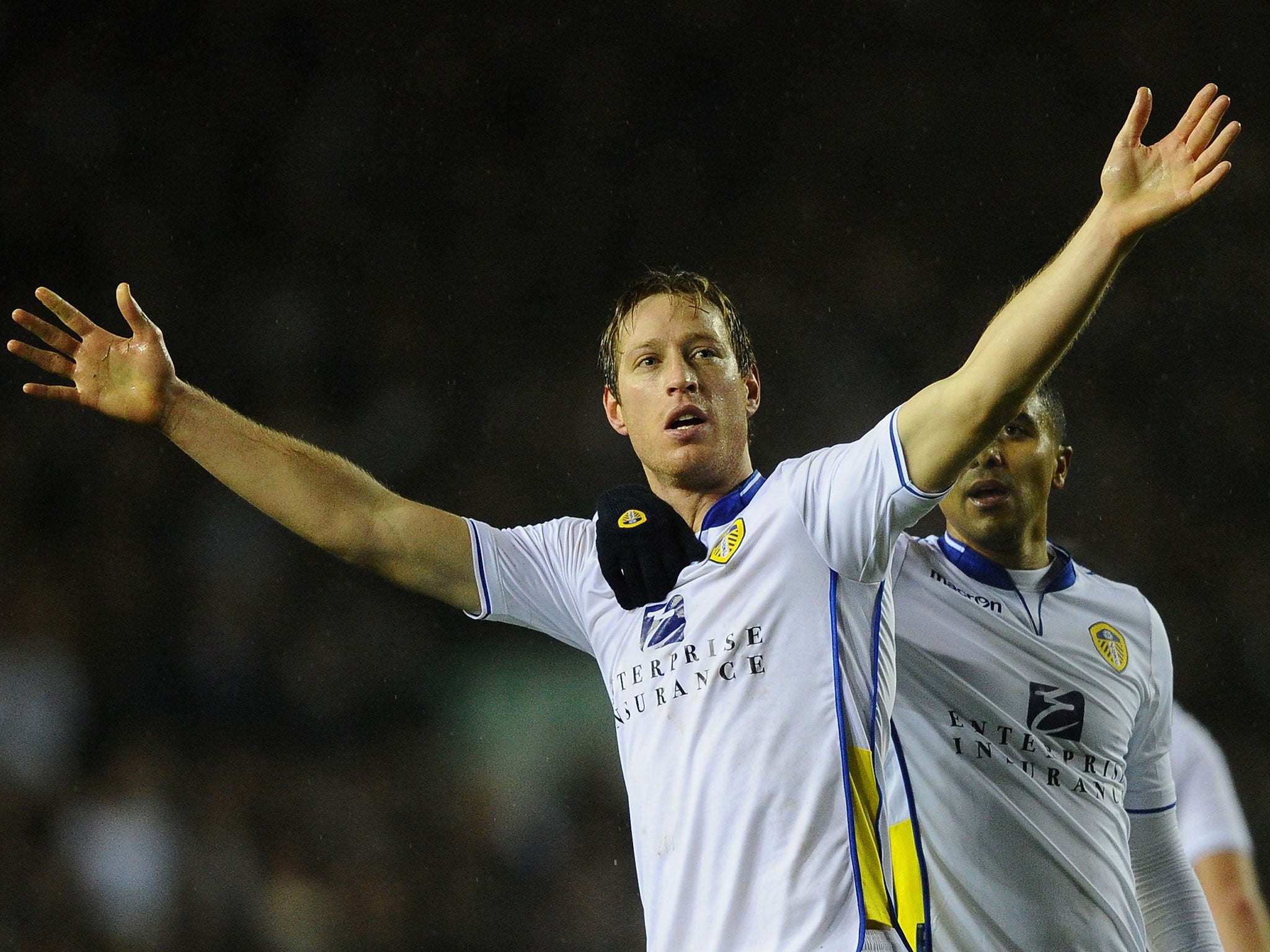 Luciano Becchio of Leeds United celebrates scoring the opening goal