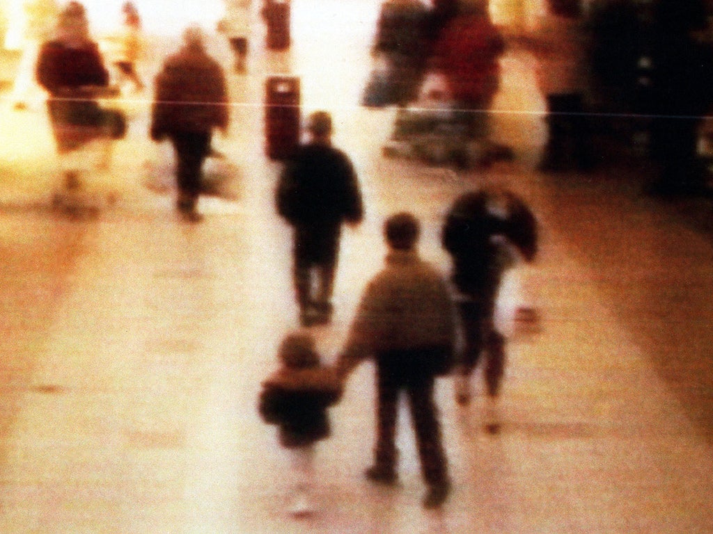 The haunting image of Venables and Robert Thompson abducting James in a shopping centre in Liverpool