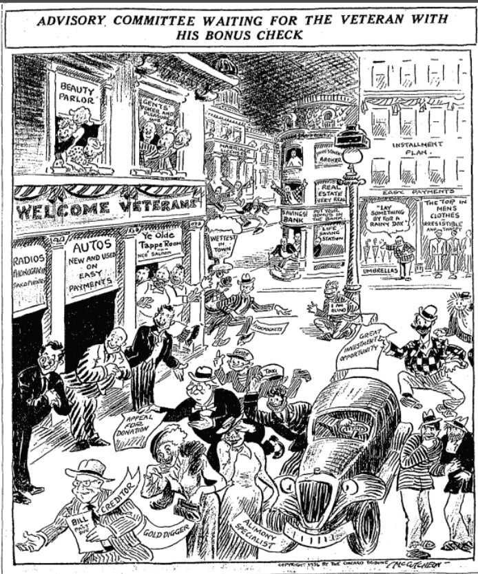 “How about distributing £30bn among our military veterans?”
The Chicago Tribune of 14 June 1936 reflects the popular policy