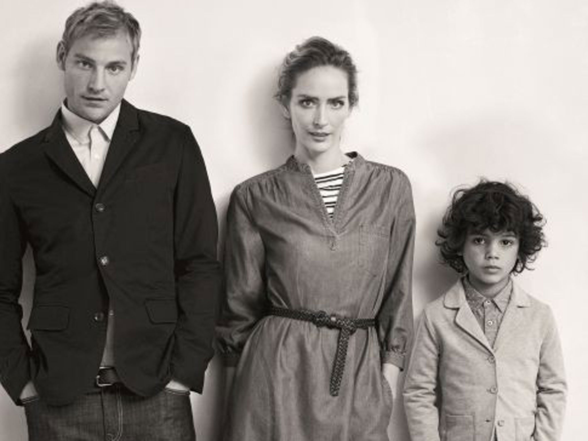 Kin, from John Lewis. Left to right, he wears: blazer £79, shirt £25, jeans £59; she wears: dress £59, striped top £20; he wears: blazer £16-18, shirt £22-24