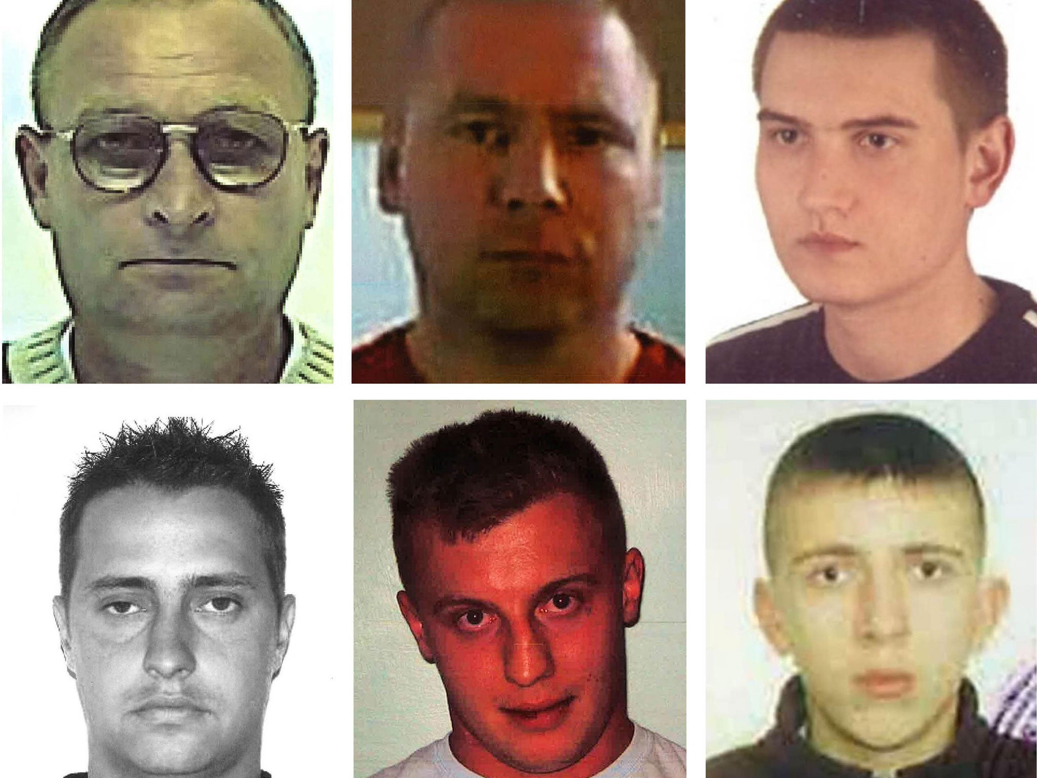 (Top row left to right): Laszlo Nemes, Robert Grygoruk, Dariusz Farfus. (Bottom row left to right) Vasile Vladu, Karol Koczmara, Evaldas Rabikauskas, who are on the most-wanted list of high-risk foreign criminals believed to be hiding in Britain