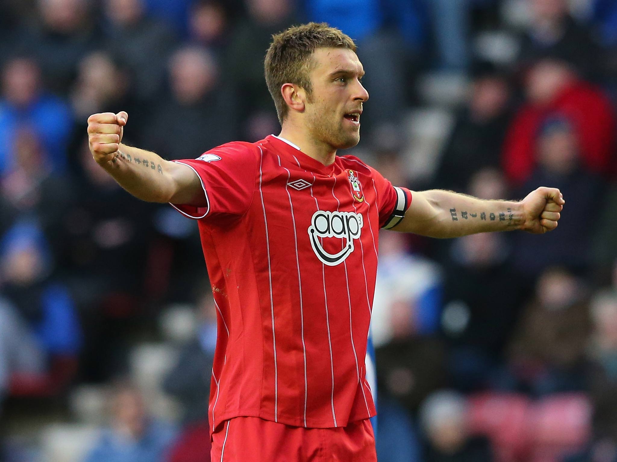 Rickie Lambert celebrates scoring in the 2-2 draw between Southampton and Wigan