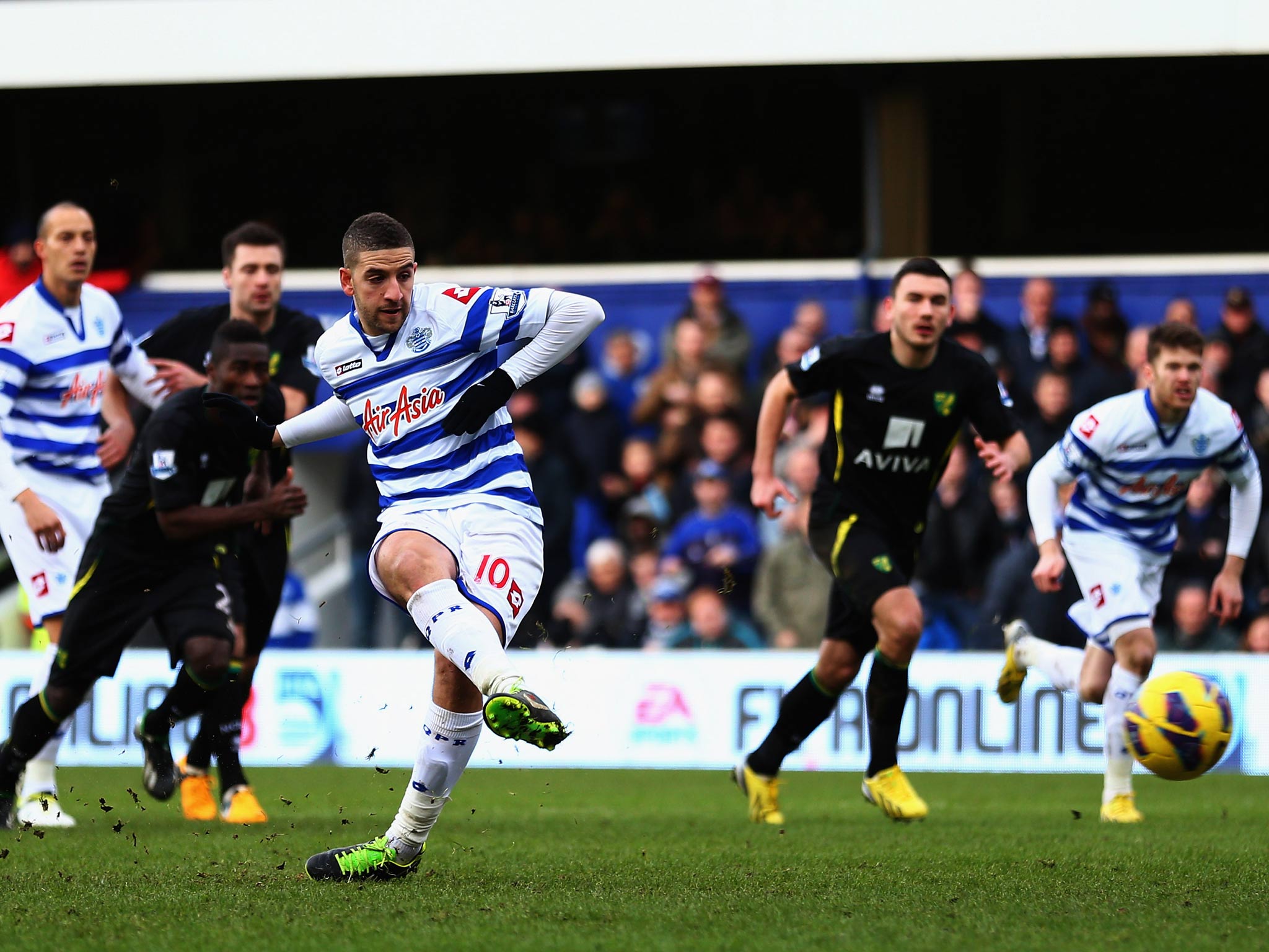 Adel Tarrabt of Queens Park Rangers misses a penalty against Norwich