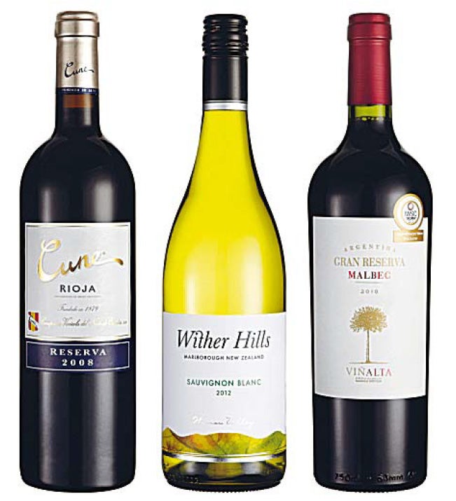 Cune Rioja Reserva 2007; Wither Hills Marlborough Sauvignon Blanc 2012; Vin Alta Gran Reserva Malbec 2010