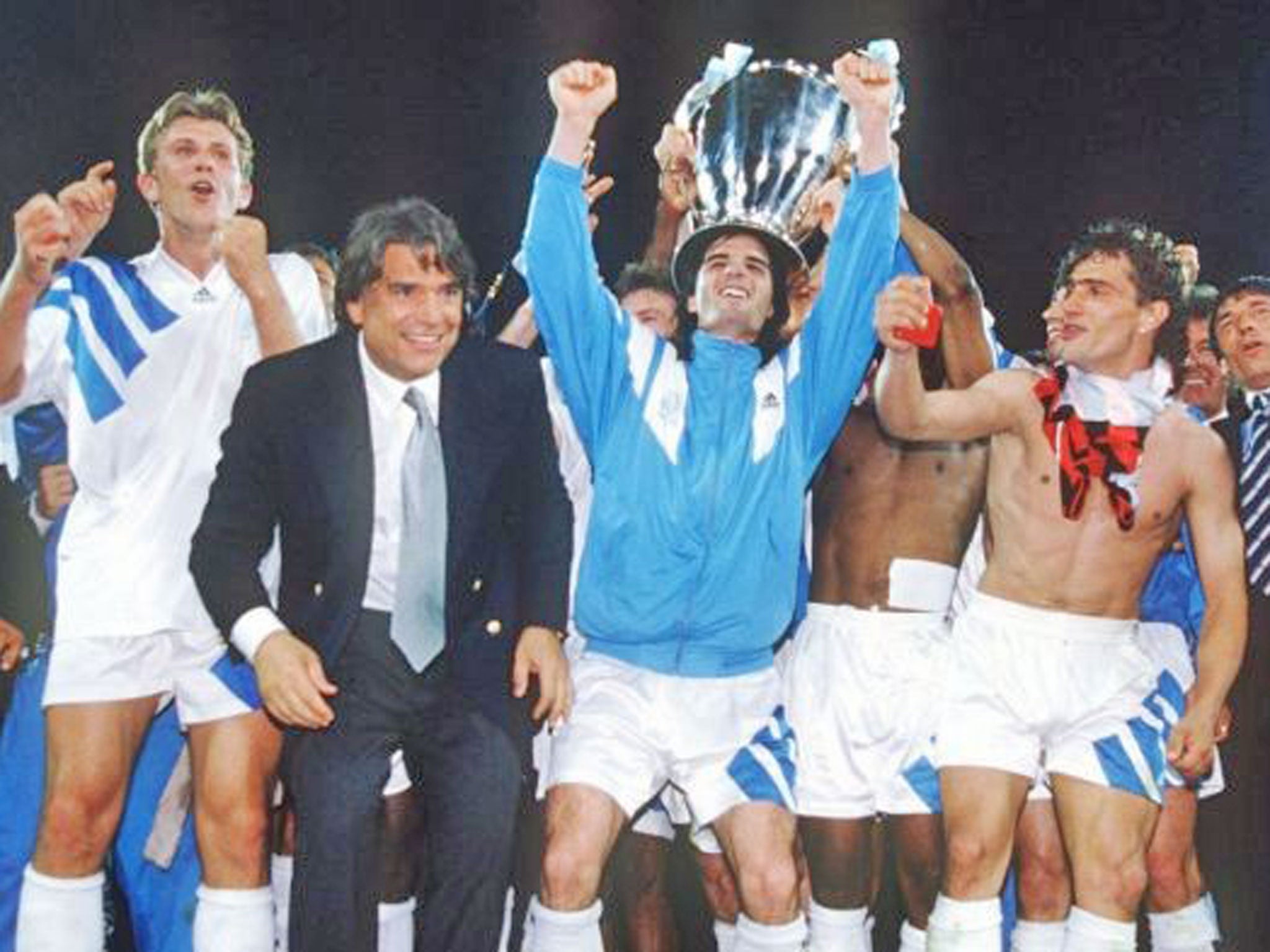 Marseilles and club president Bernard Tapie celebrate their 1993 European Cup triumph