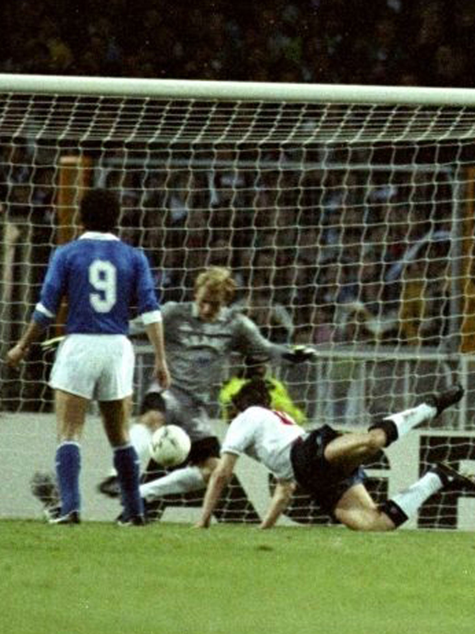 Gary Lineker heads in to score in the friendly at Wembley in March 1990