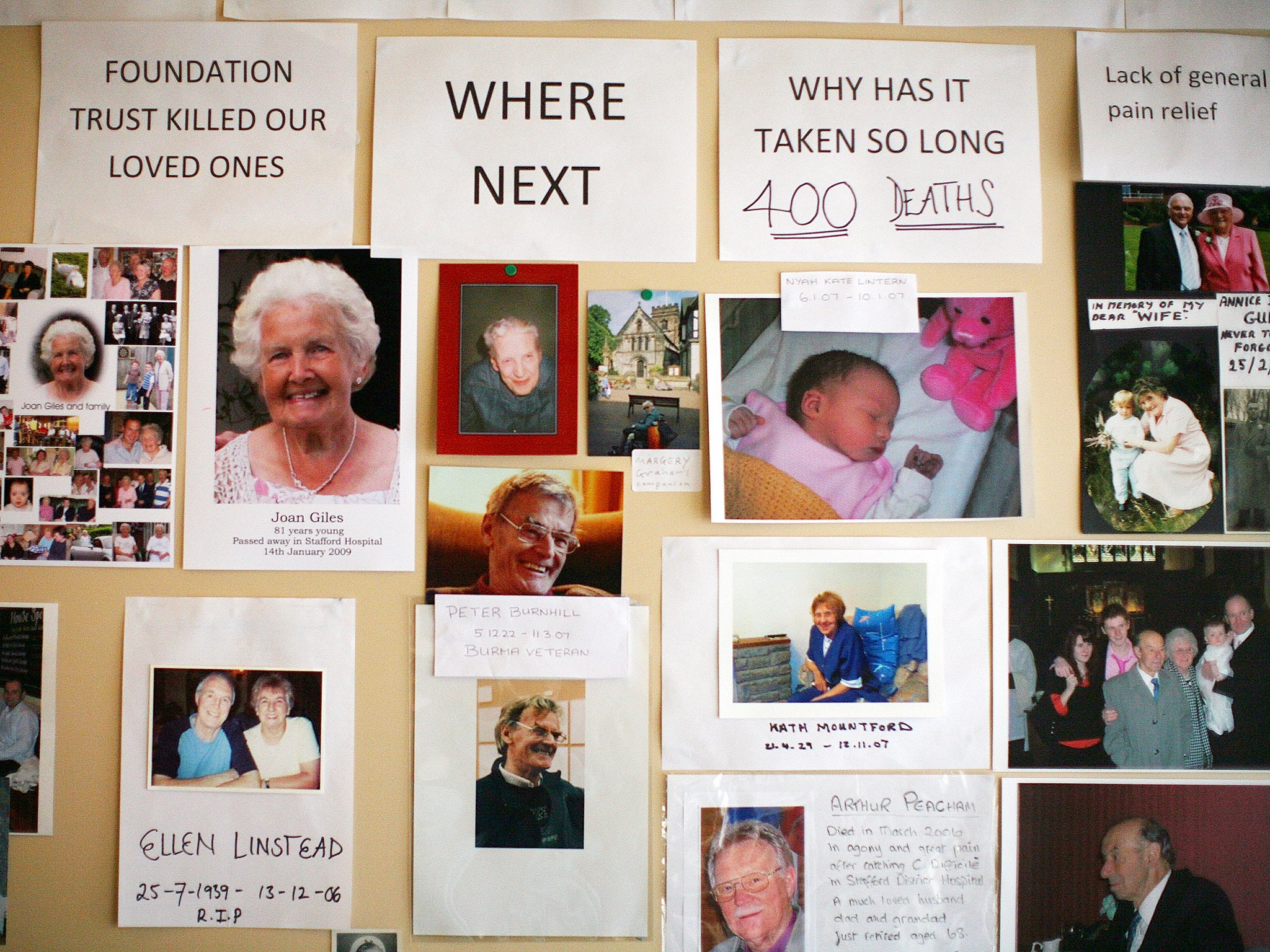 A memorial gallery of patients who died at Stafford General Hospital on the wall at the headquarters of campaign group Cure the NHS