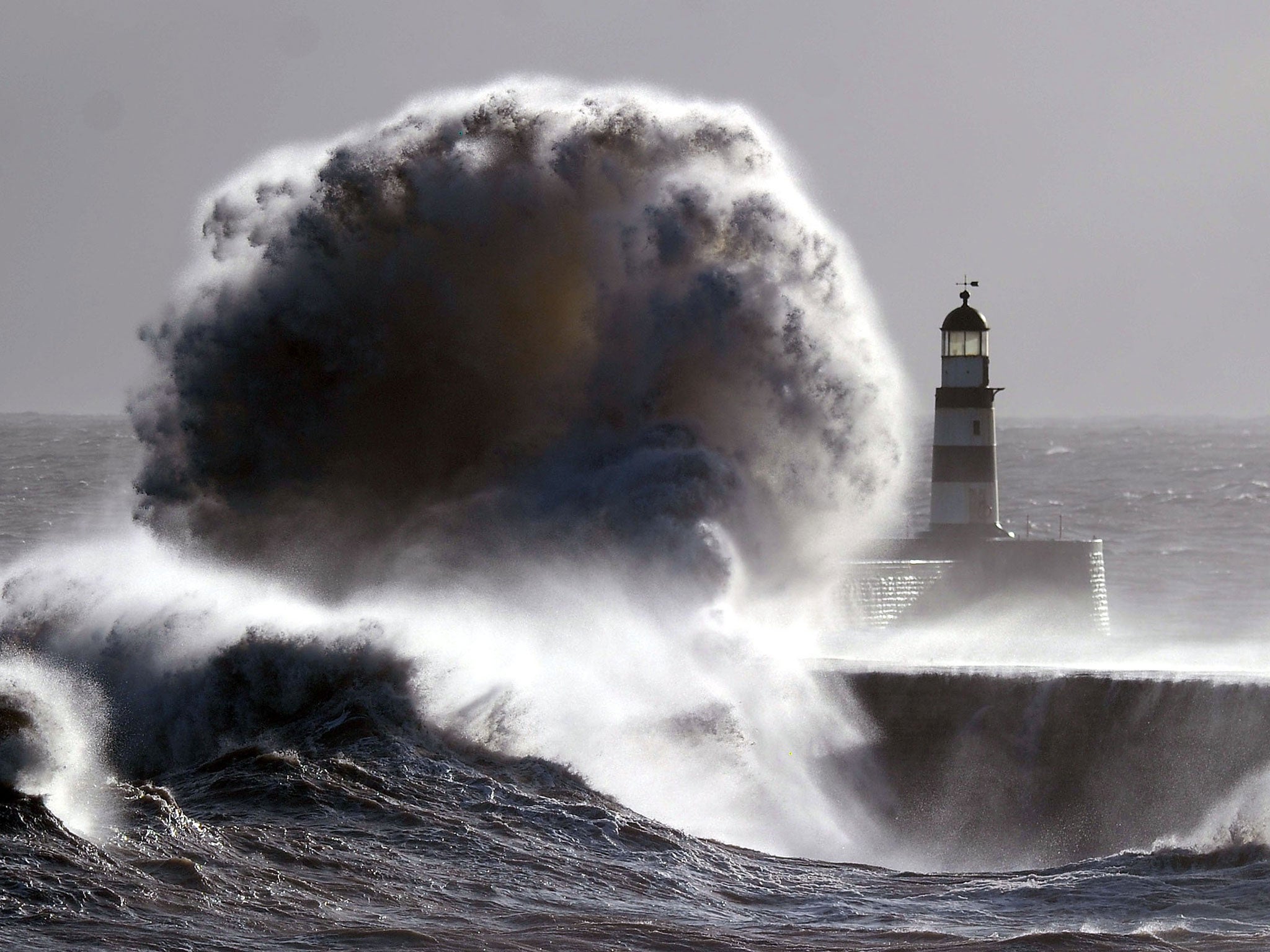 February 6, 2013: Gale Force winds from the North make spectacular pictures at Seahman harbor as they battered the seafront. Parts of Britain are braced for a return of snow and gale force winds, less than a fortnight after blizzard conditions brought disruption to schools, airports and traffic networks