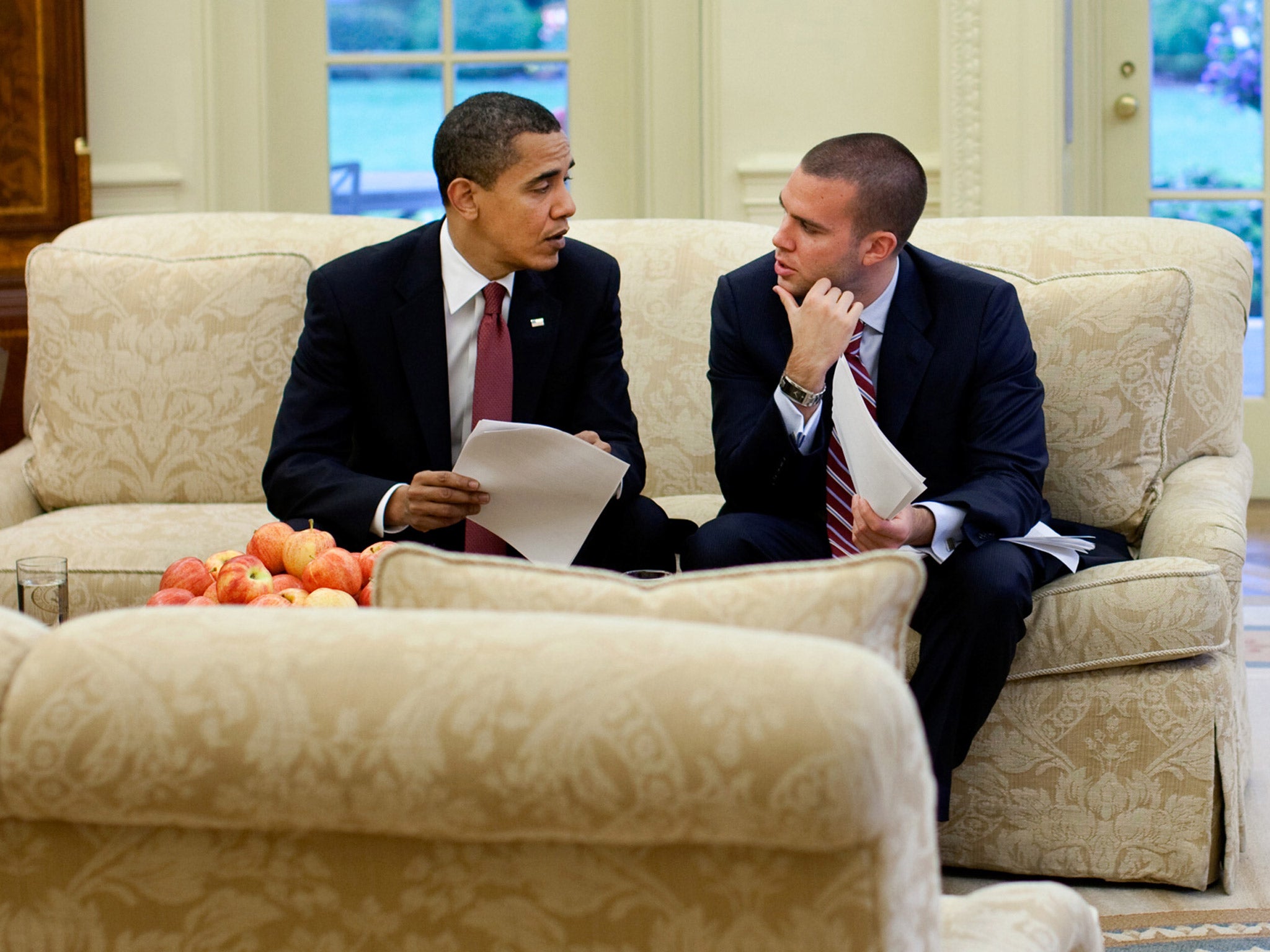 Barack Obama in the Oval Office with Jon Favreau in April 2009