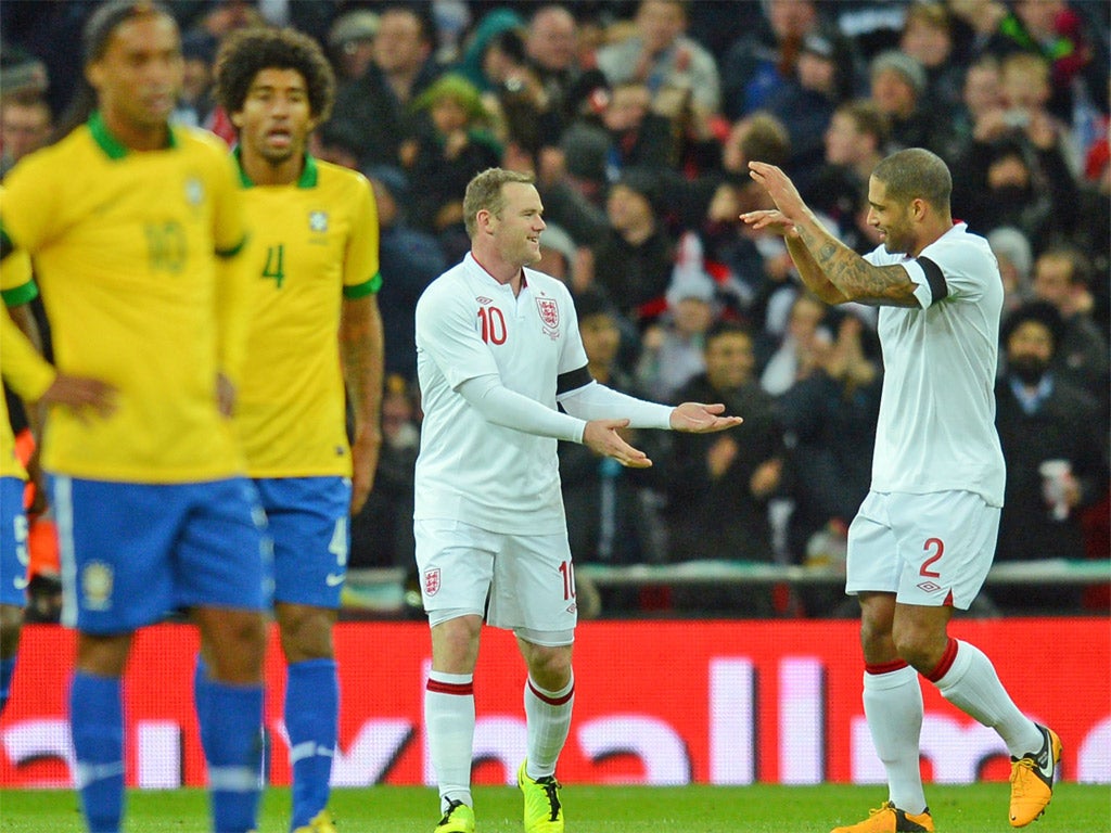 Wayne Rooney celebrates his goal with Glen Johnson