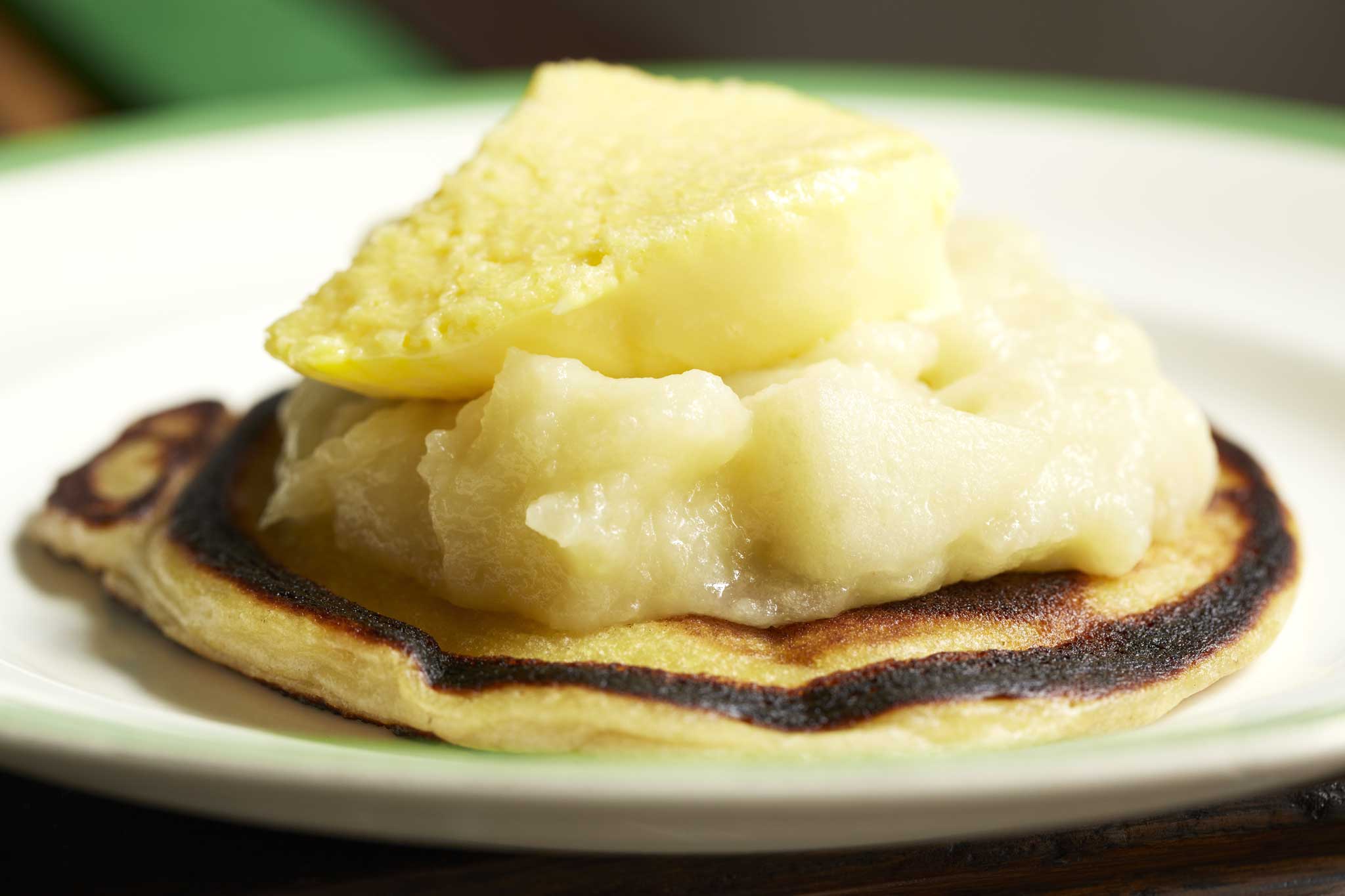 Scotch pancakes with bramley apple