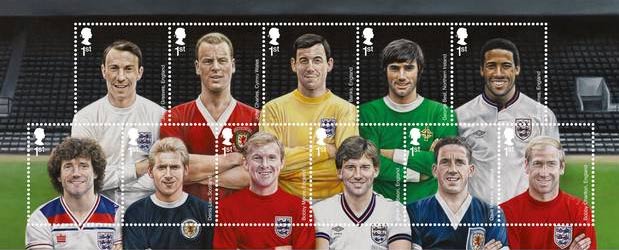9 May 2013 will see Royal Mail celebrate the 150th anniversary of the establishing of the rules of Association Football, with the release of a set of stamps entitled ‘Football Heroes’. The launch also coincides with the 150th anniversary year of the Football Association and the 140th anniversary year of the Scottish Football Association.<br/>
 
The 11 1st Class stamps will feature individual footballers from England, Scotland, Northern Ireland and Wales, all of whom were supremely gifted, talented players who stood out in their generation and beyond. The stamps have been illustrated by artist Andrew Kinsman, who took existing photography of all the players, then created a composite artwork, so when the 11 stamps are placed together, they form a traditional team shot.<br/>
 
The eleven players selected were chosen for their outstanding record on the pitch and representation of their home countries. All are in the National Football Museum’s Hall of Fame.