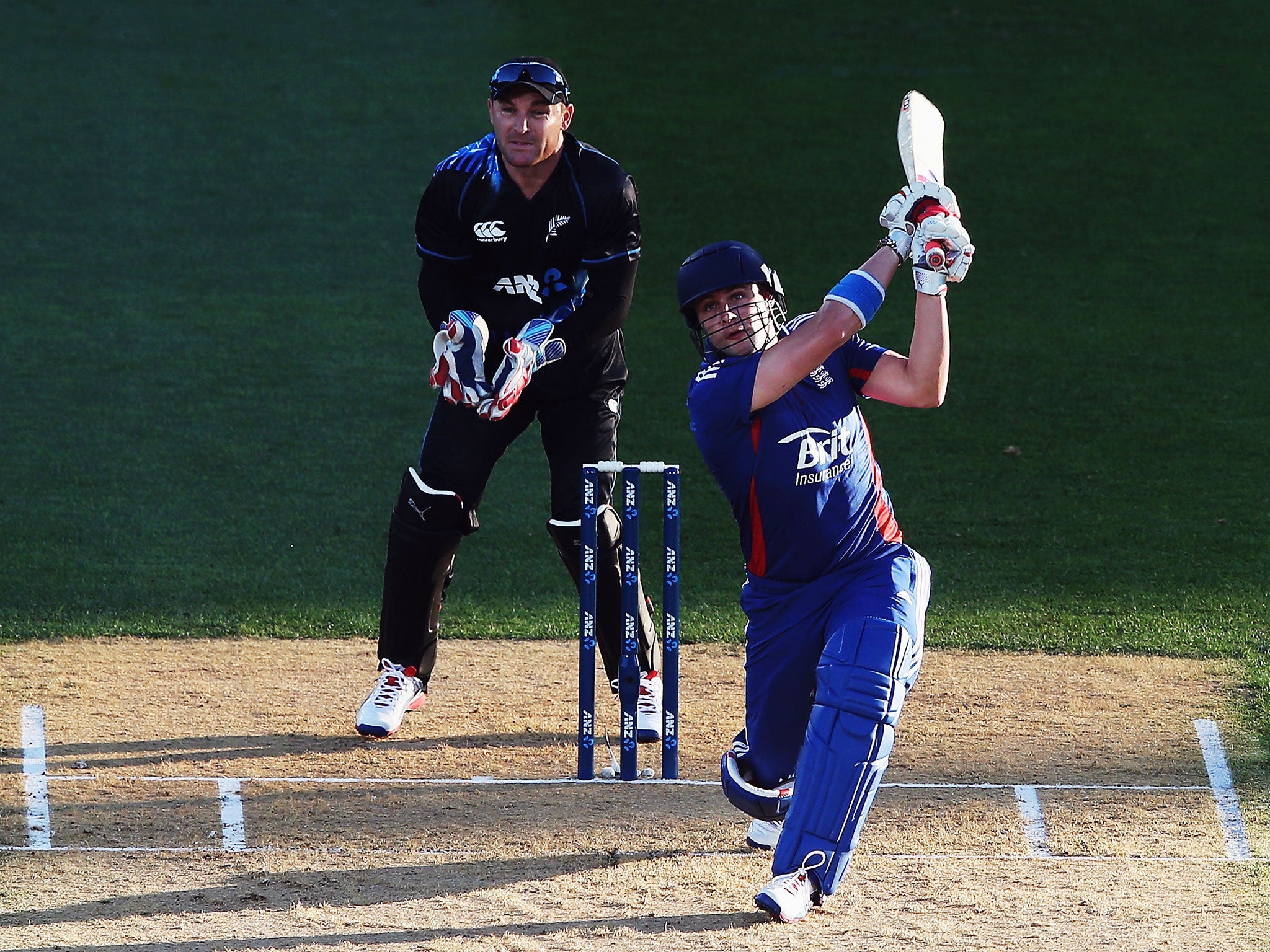 Luke Wright hits the ball away for six runs during the 1st T20 International between New Zealand and England at Eden Park