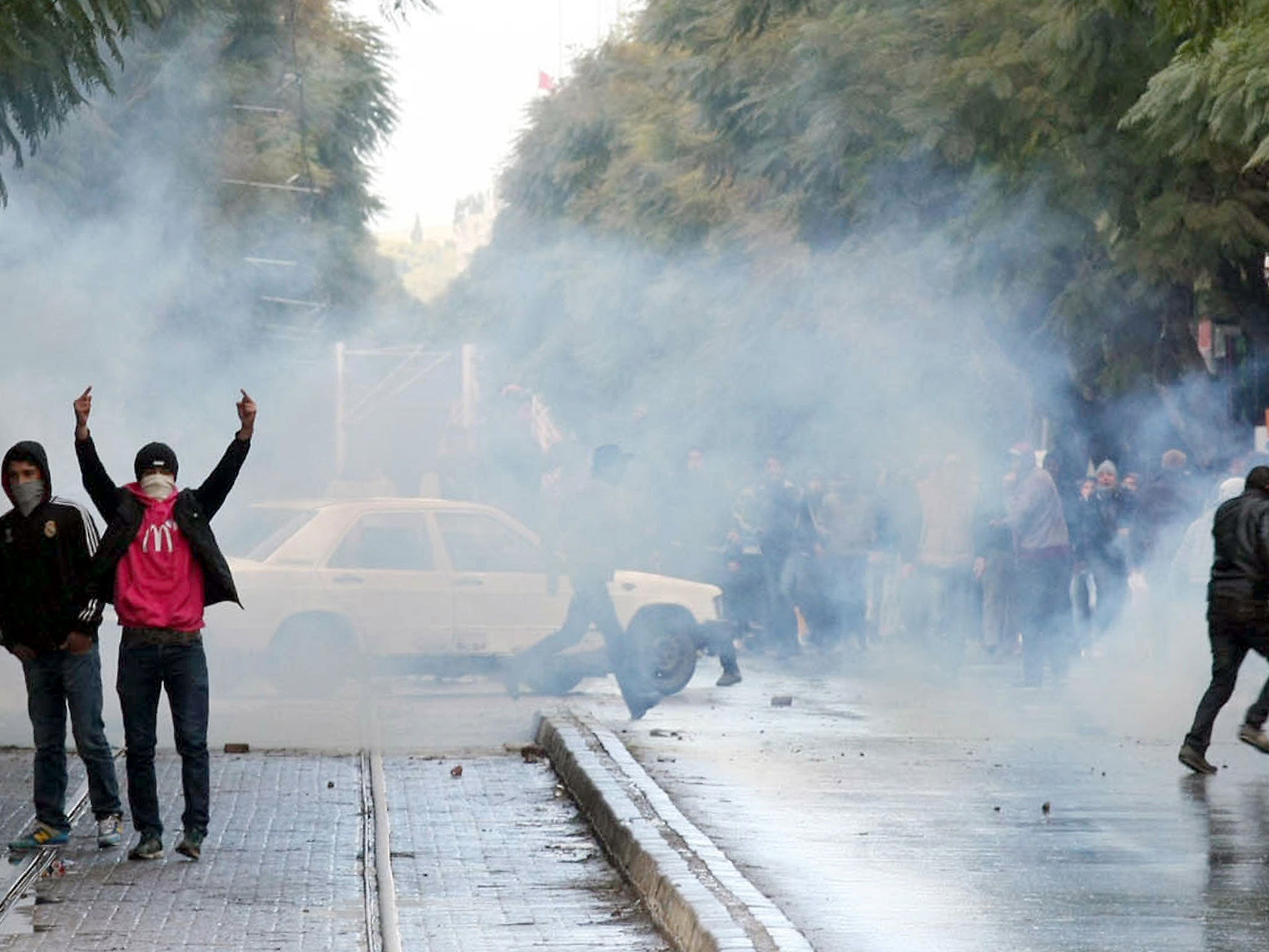 A Tunisian protester gestures as he stands with a fellow demonstrator amid a fog of tear gas fired by police