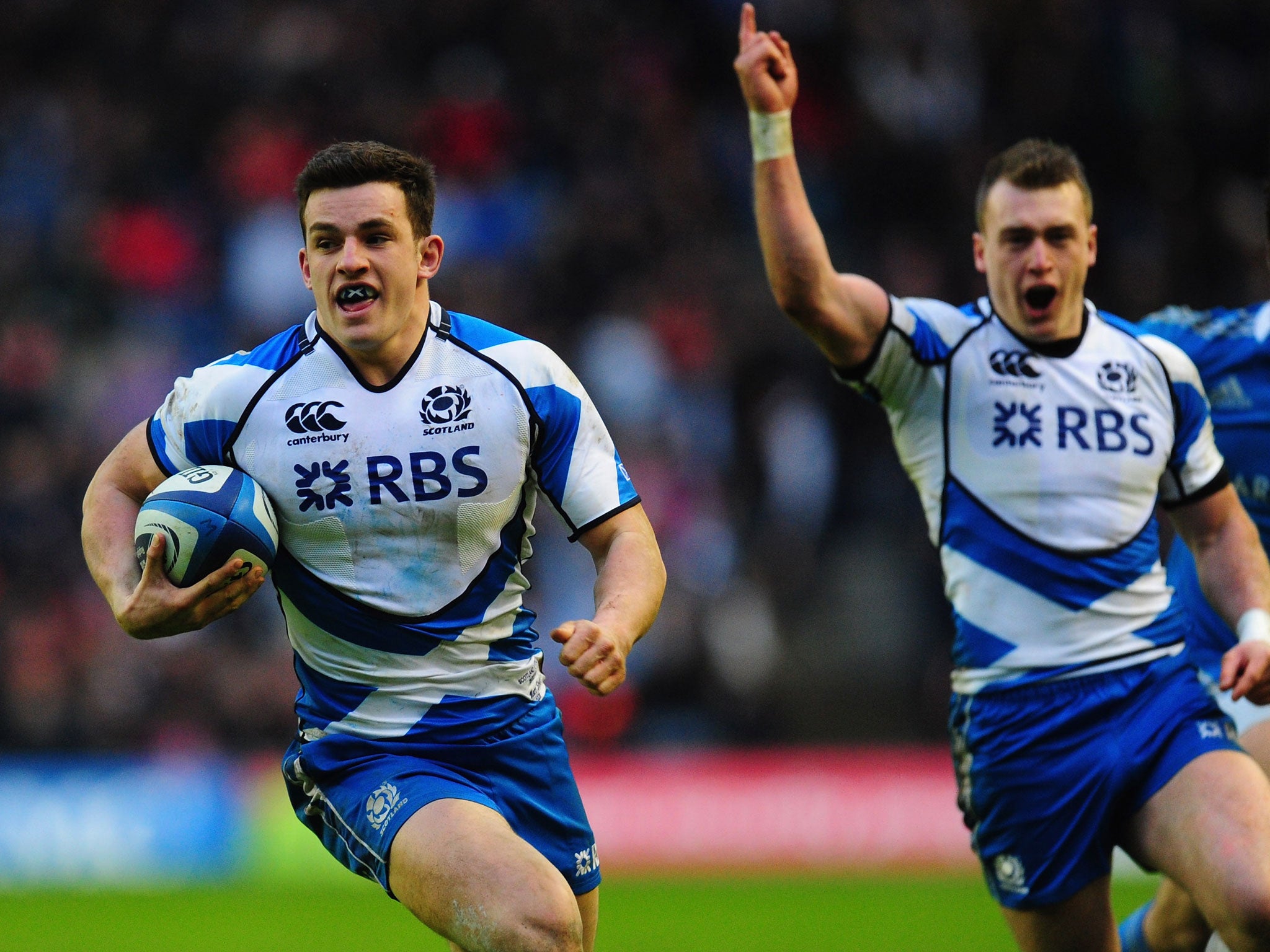 Scotland's Matthew Scott scores a try