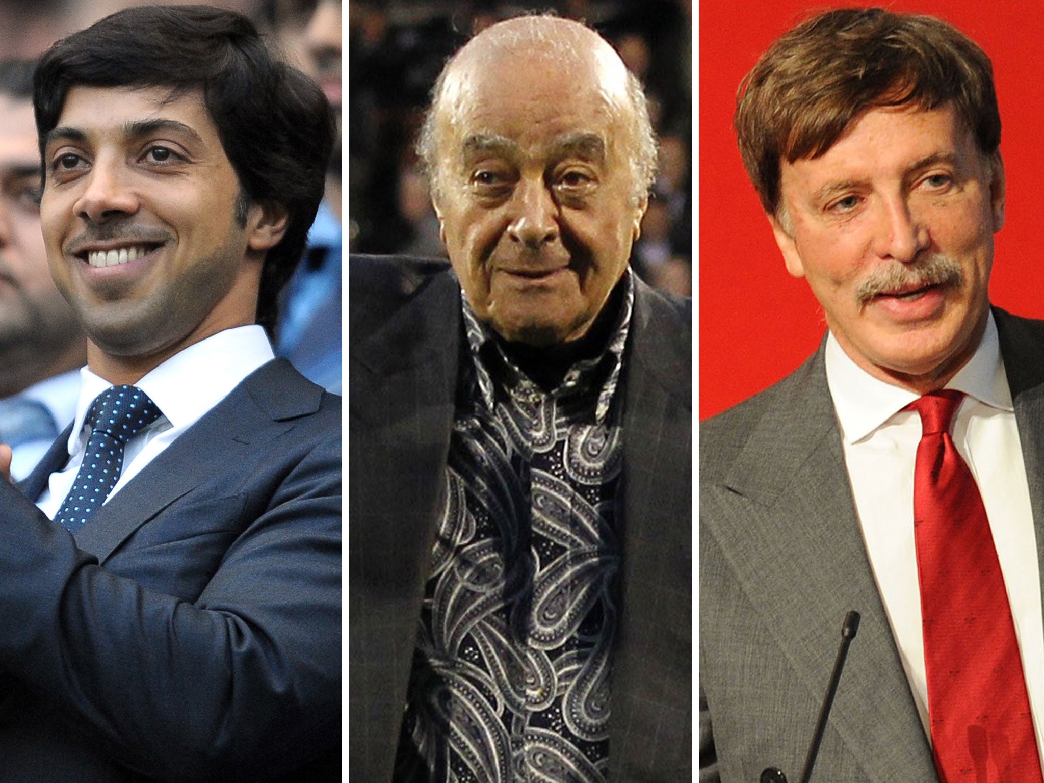 Top brass: Sheikh Mansour (UAE) of Man City, Fulham’s Mohamed Al-Fayed (Egypt), Arsenal’s Stan Kroenke (US)