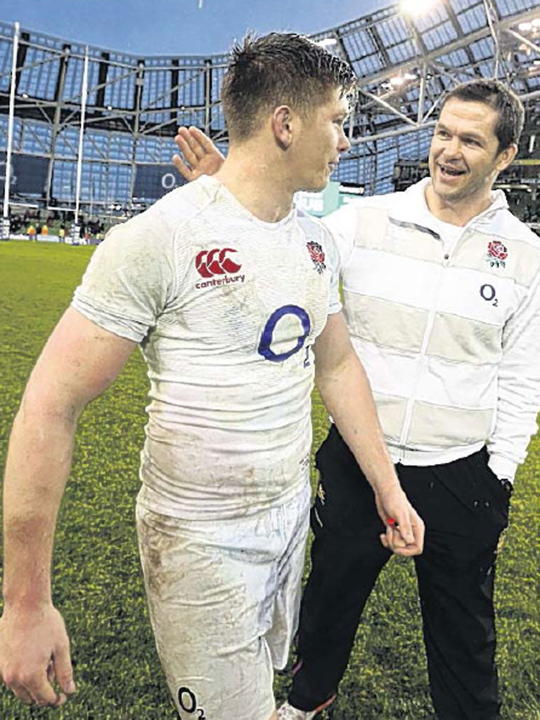 Andy Farrell congratulates his son and matchwinner, Owen