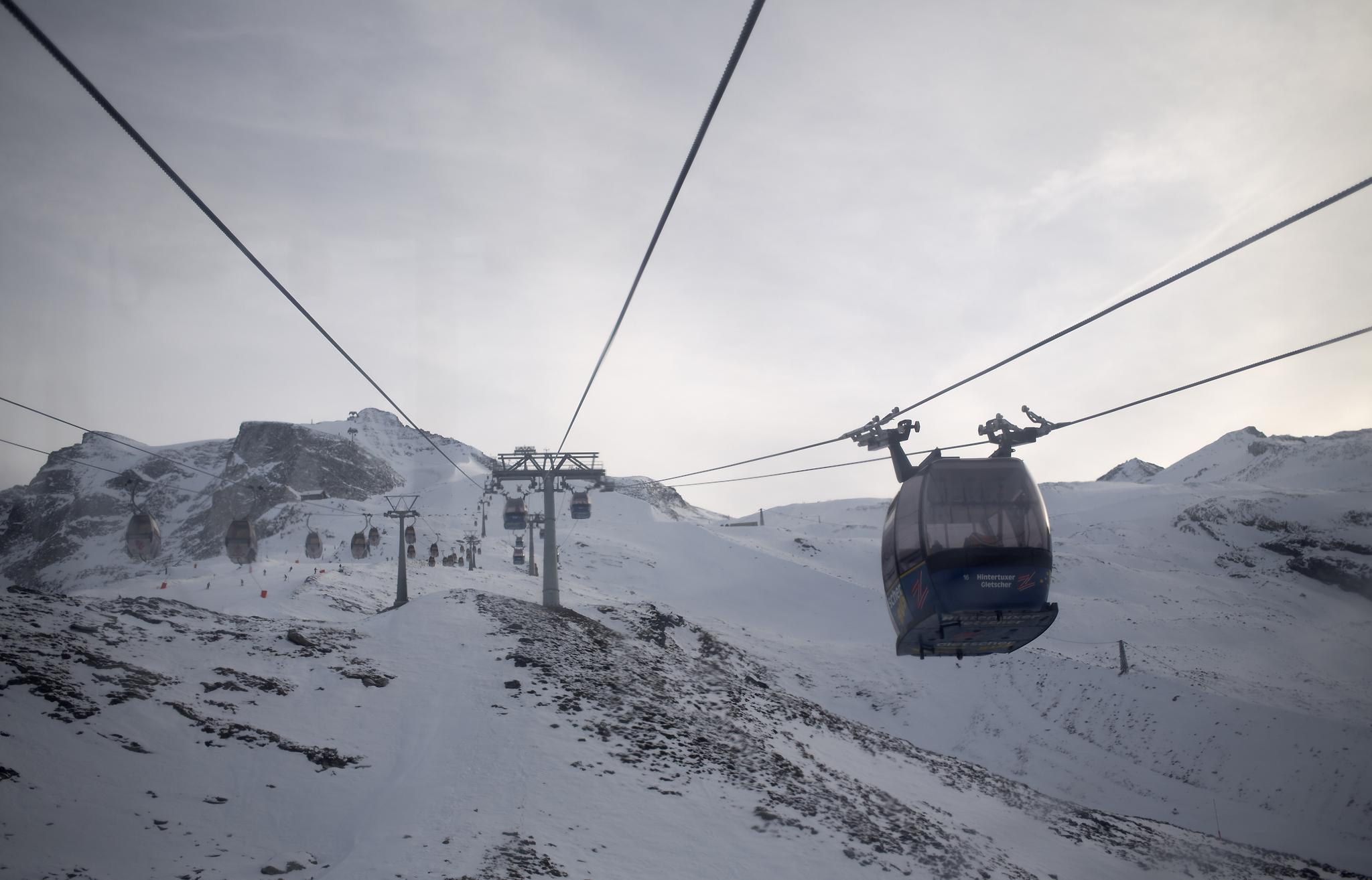 Cable cars make their way up to the Hintertux Glacier near Mayrhofen