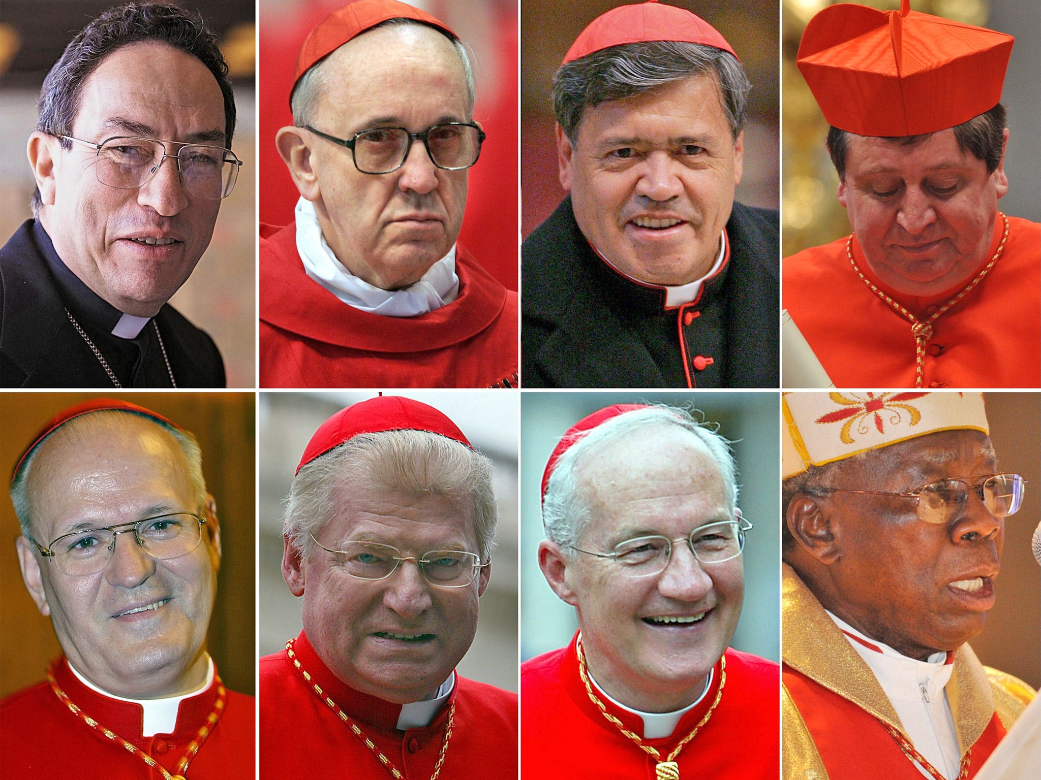Potential Popes - top row from left: Brazilian Cardinal Claudio Hummes, Honduran Cardinal Oscar Andres Rodrigues Maradiaga, Argentine Archbishop Jorge Mario Bergoglio. Bottom row from left: Austrian Cristoph Schonborn, Hungarian Peter Erdoe, Italian Angel