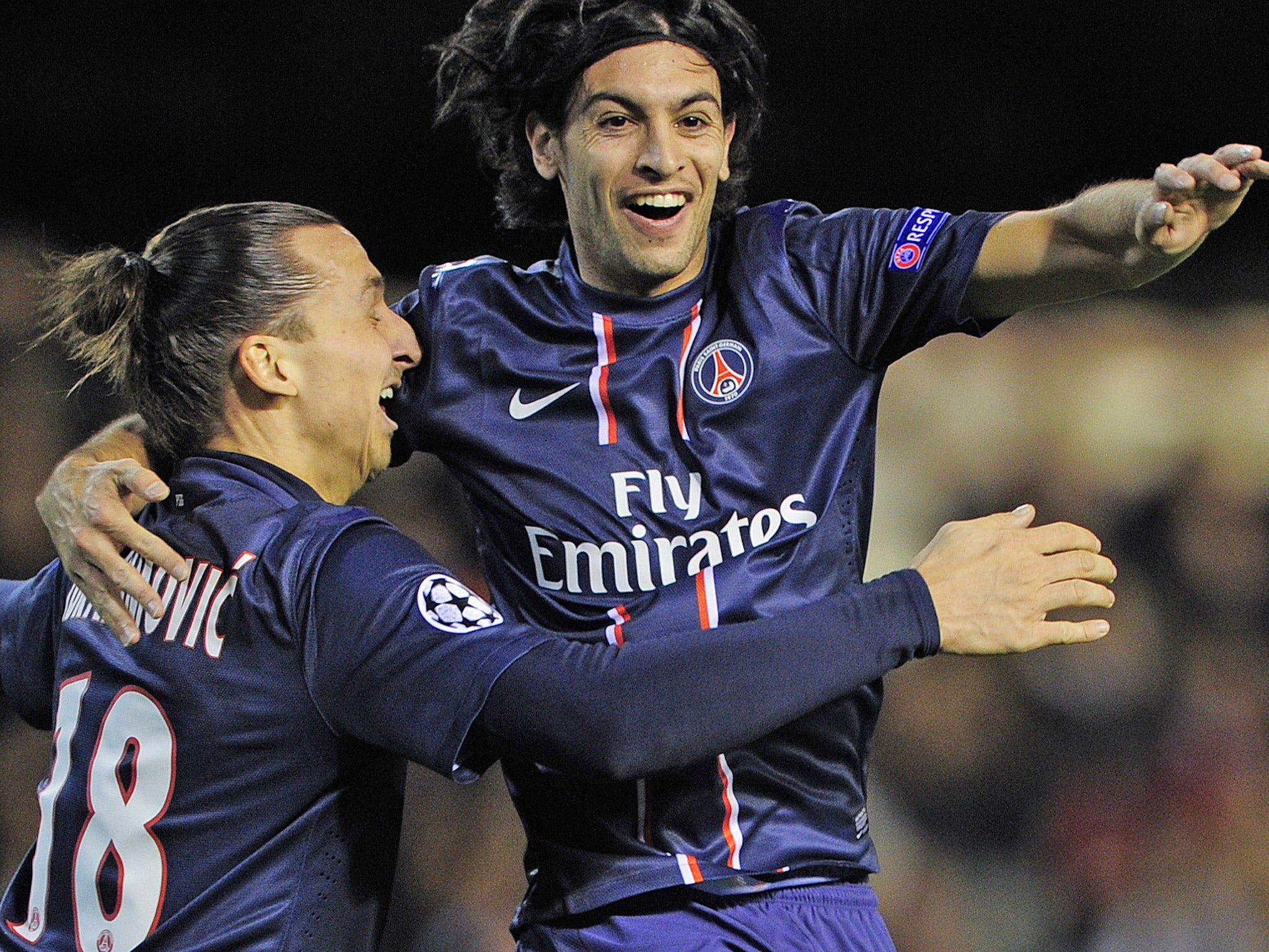 Javier Pastore celebrates with Zlatan Ibrahimovic