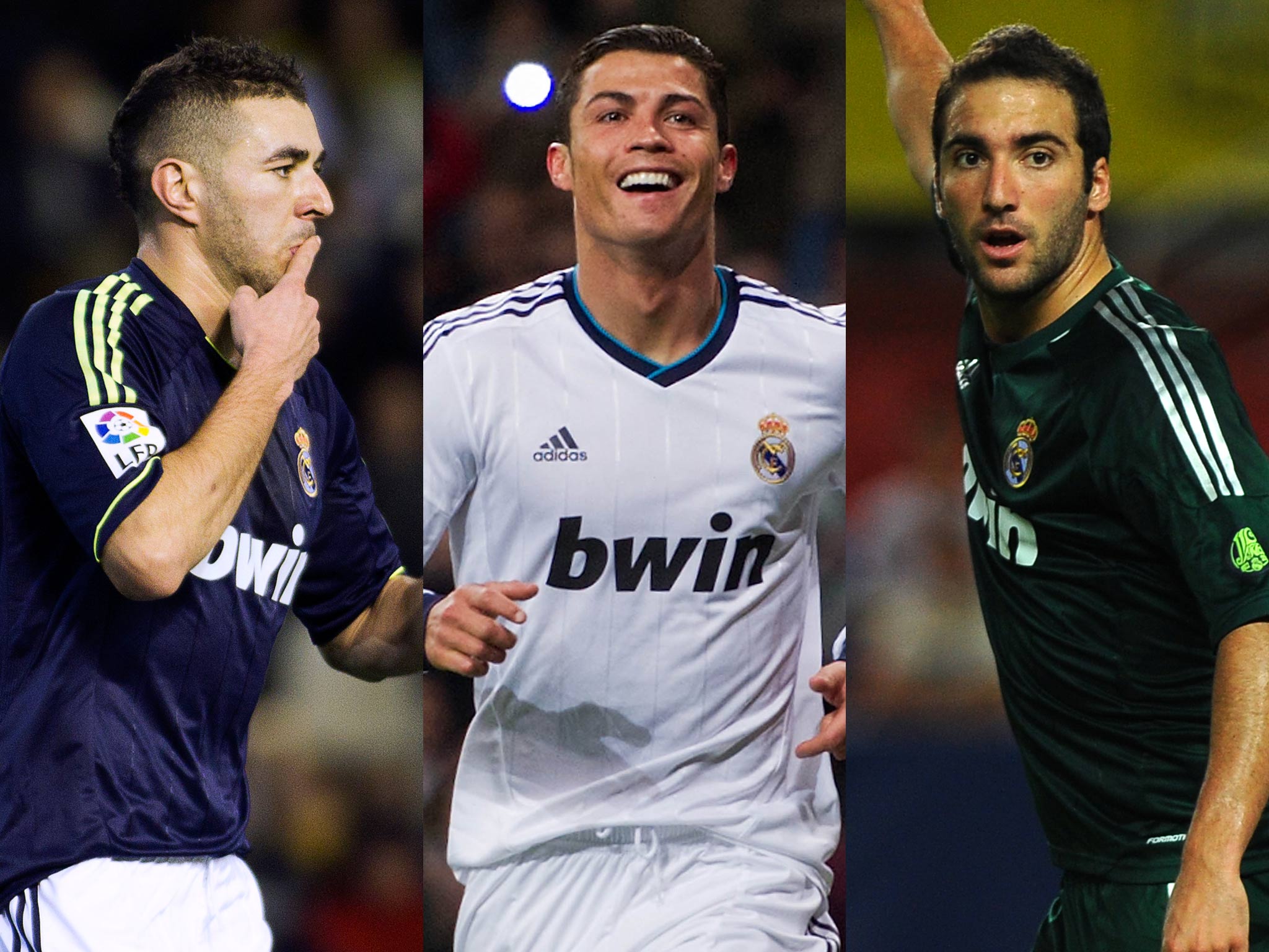 Real Madrid forward Karim Benzema, Cristiano Ronaldo and Gonzalo Higuain