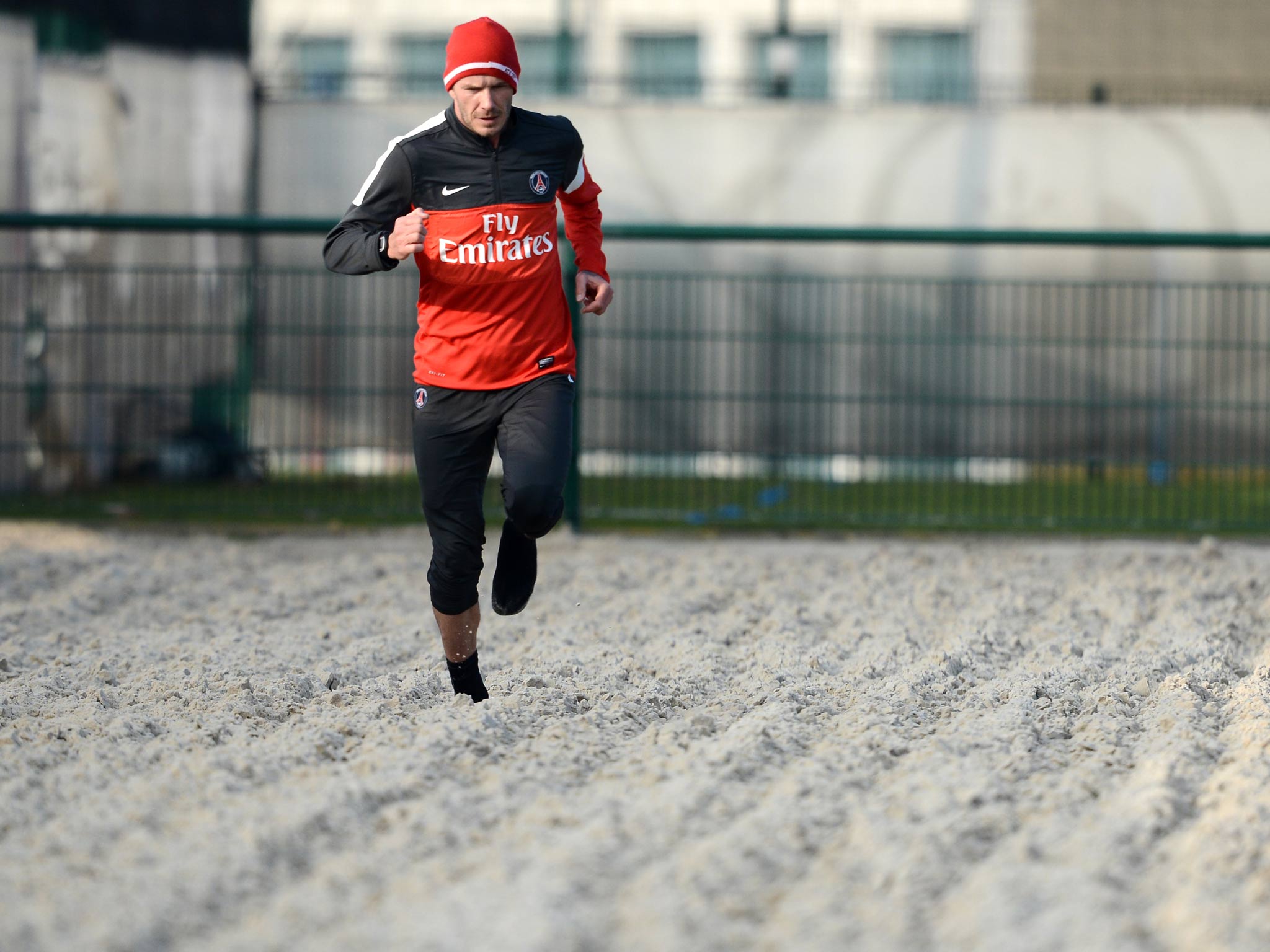David Beckham takes part in his first training session with PSG