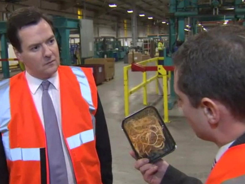 Confronted with a £1.50 spaghetti bolognese, it was hard to tell if the Chancellor looked queasy at questions over the safety of meat products or the thought of digging in to the ready-meal. Asked if he would be prepared to eat the dish, George Osborne sa