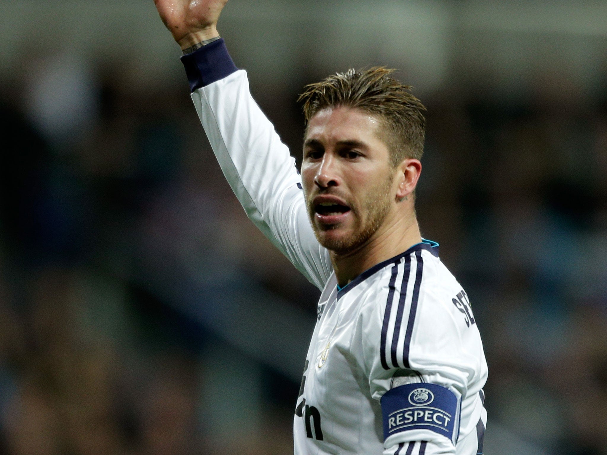 Sergio Ramos of Real Madrid reacts during his side's game against Manchester United