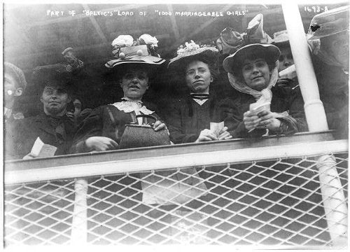 On board a ship heading to America, some of the '1000 marriageable women' crowd to the deck