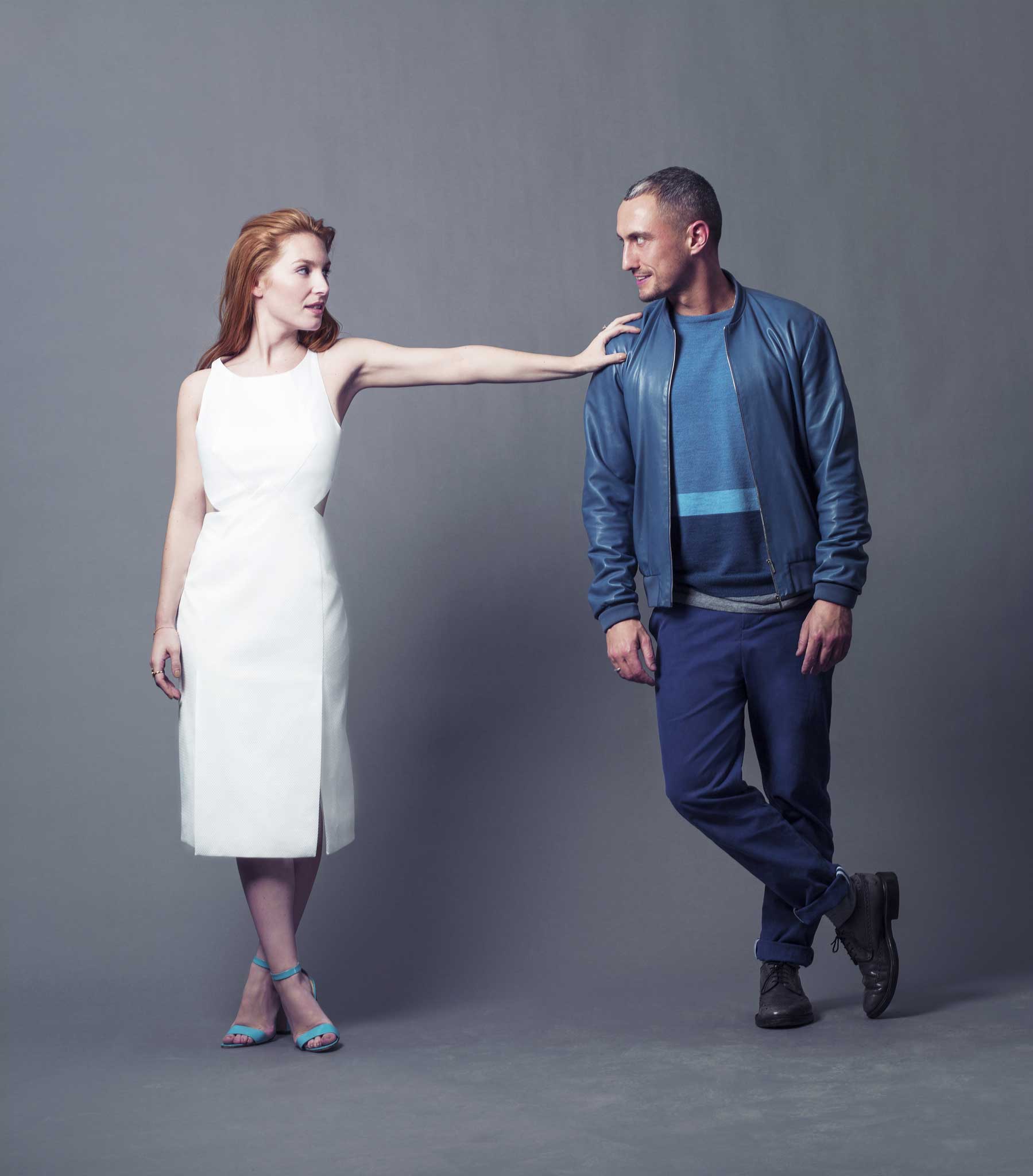 <p>Josephine de la Baume wears dress with cut-out detail , £513, fenwick.co.uk; shoes, £450, by Manolo Blahnik for Richard Nicoll, richardnicoll.com</p>

<p>Richard Nicoll wears Leather bomber jacket, £1,350, thecorner.com; striped jumper, £283, from a selection, richardnicoll.com; trousers, £284, matchesfashion.com</p>