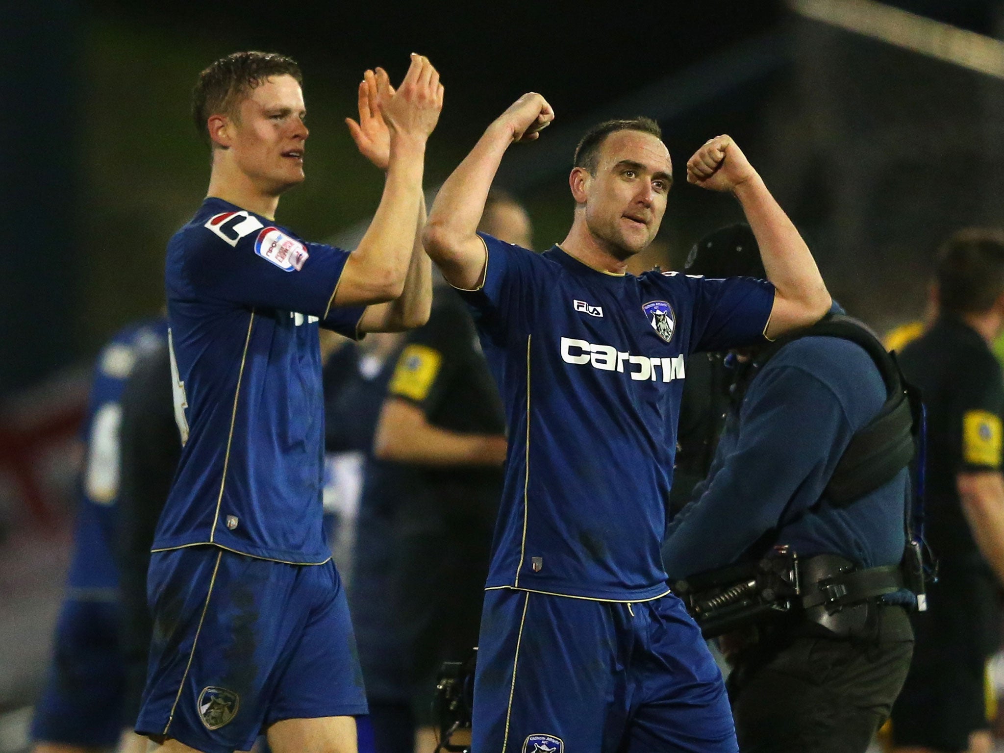 <b>Oldham 2-2 Everton</b><br/>Matt Smith of Oldham Athletic and his team-mate Lee Croft (r) celebrate