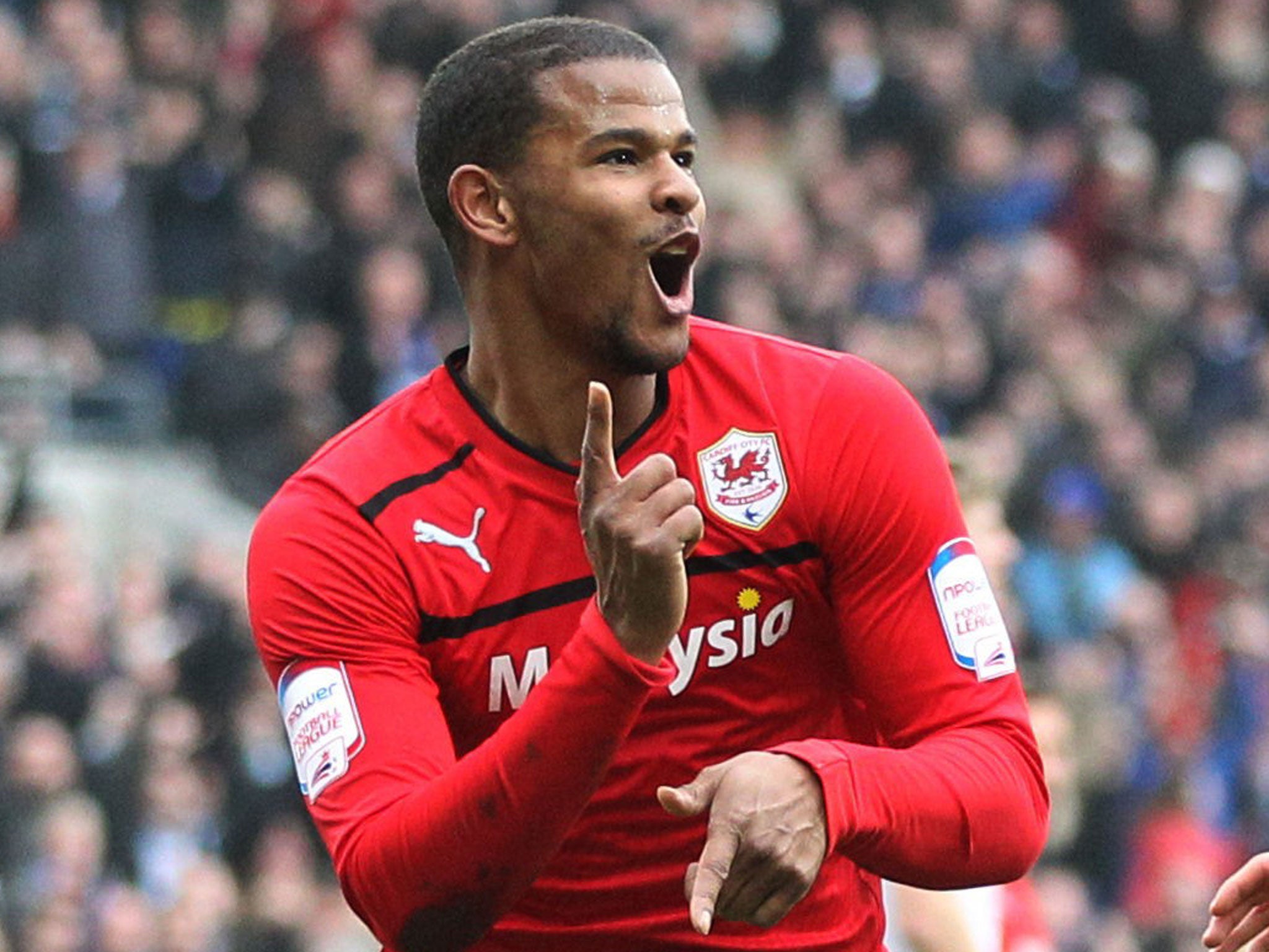 Two-timer: Cardiff’s Frazier Campbell celebrates scoring his second goal