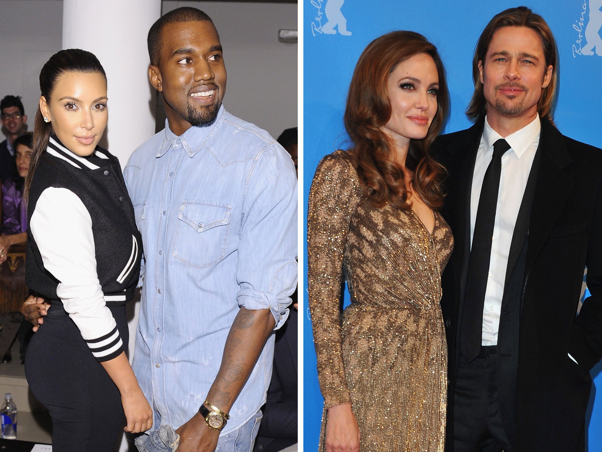 Kanye West and Kim Kardashian have the height difference that's women's ideal (man eight inches taller). Brad Pitt and Angelina Jolie have a height difference which is men's ideal (the man is three inches taller)