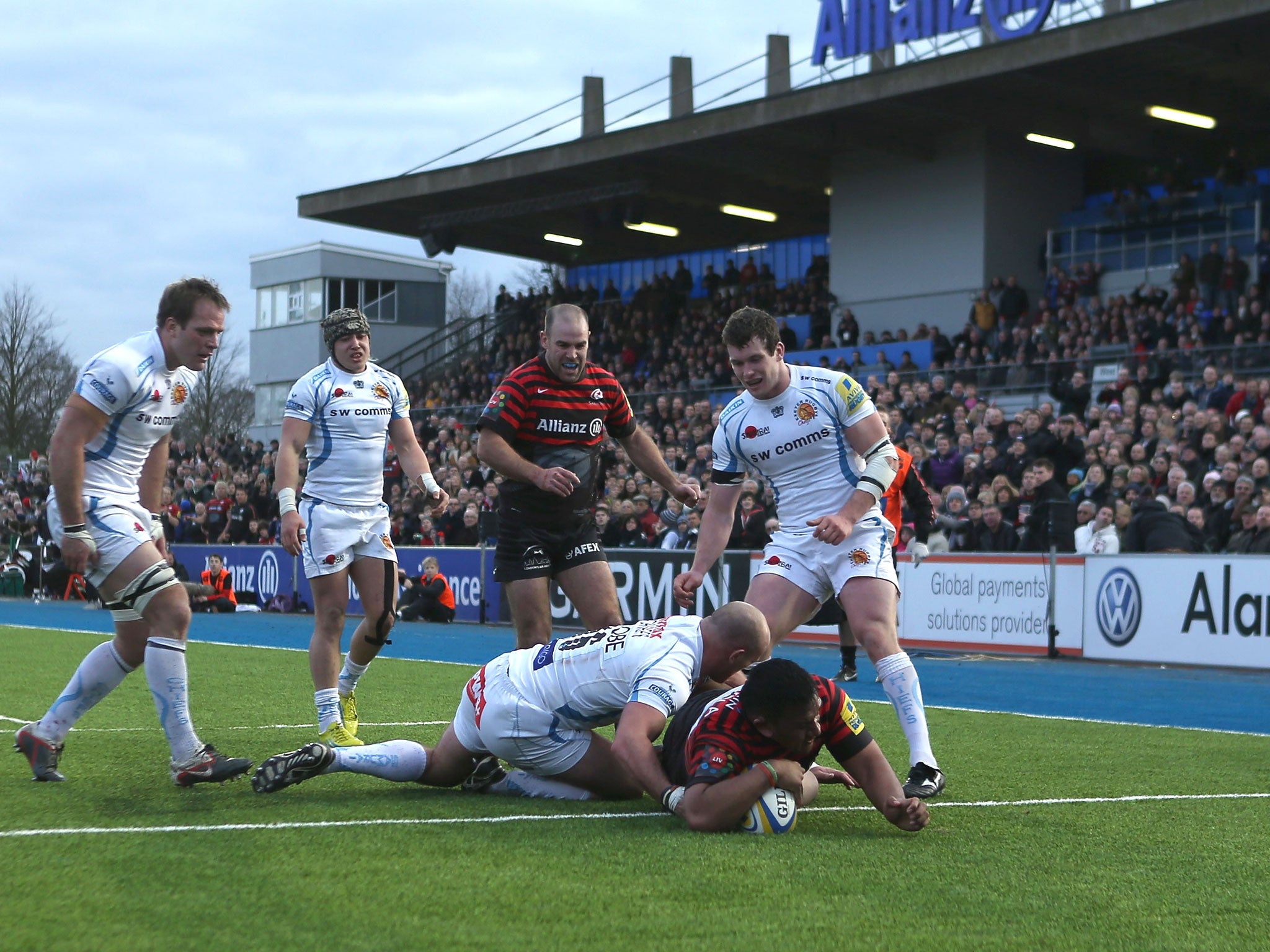 Mako break: Saracens prop Mako Vunipola goes over for his second try of the match against Exeter yesterday