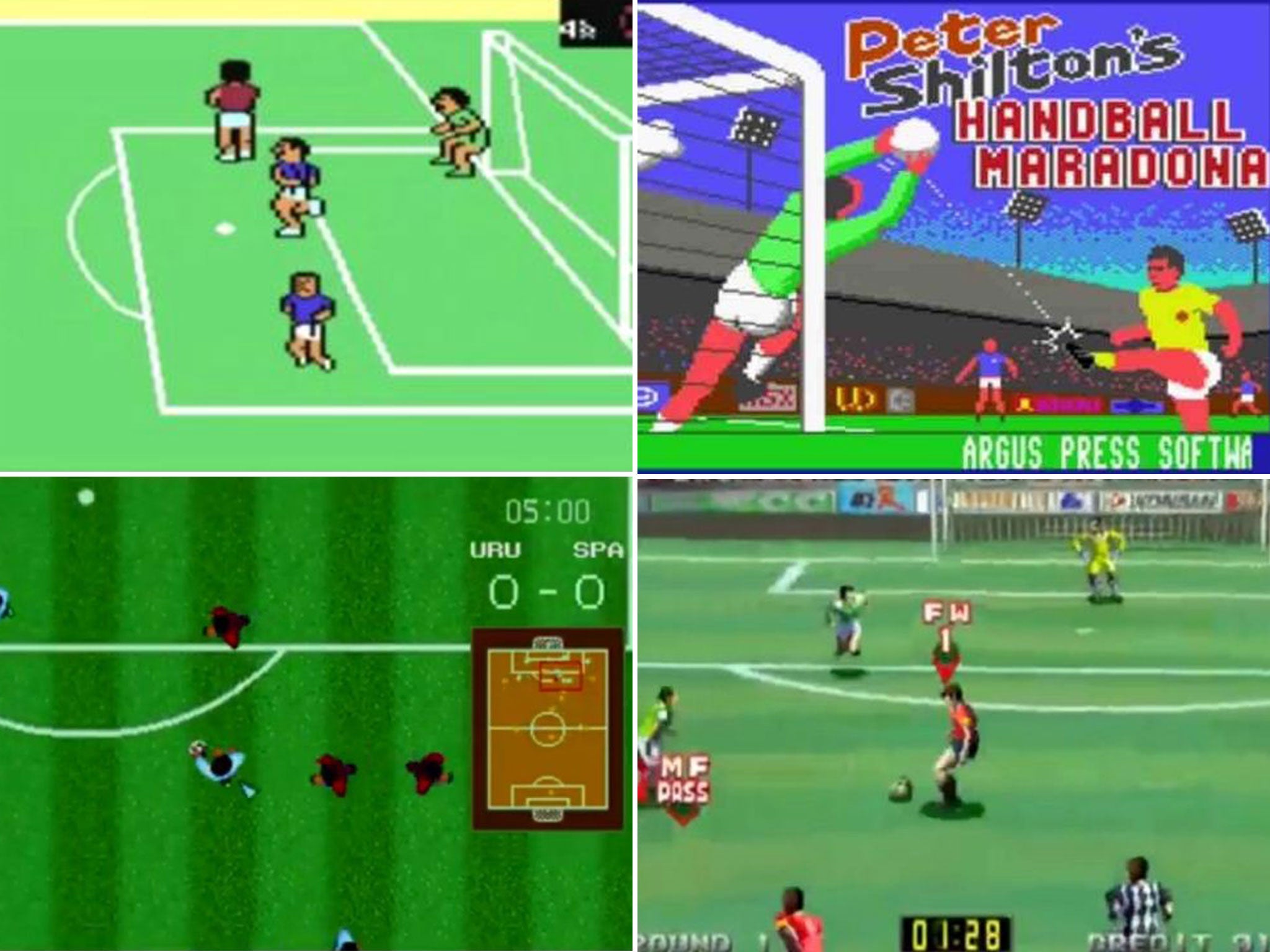 Clockwise from top left: International Soccer, 1983; Handball Maradona, 1986; VersusNet Soccer, 1996; Sega Soccer, 1990