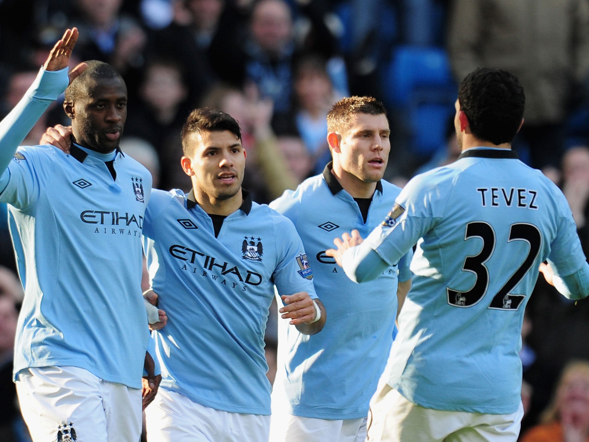 Man City 4-0 Leeds United Yaya Toure of Manchester City celebrates scoring the opening goal