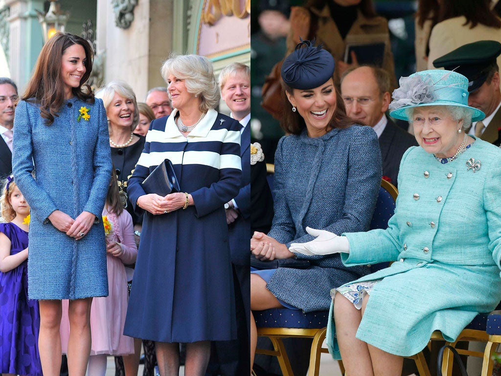 1.Catherine, Duchess of Cambridge, Camilla, Duchess of Cornwall attend a plaque unveiling outside Fortnum & Mason store on March 1, 2012 in London.
</br>
2. Duchess of Cambridge sits with Queen Elizabeth II as they watch part of a children's sports event on their visit to Vernon Park in Nottingham on June 13, 2012.