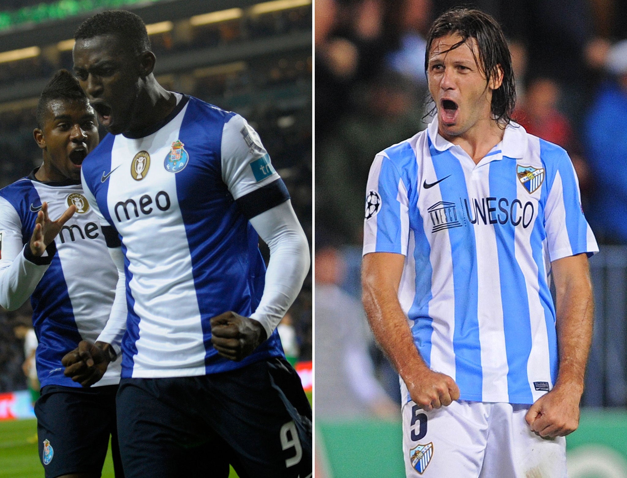 Porto's Jackson Martinez (left) and Malaga's Martin Demichelis (right). The two sides face off in the Champions League tonight