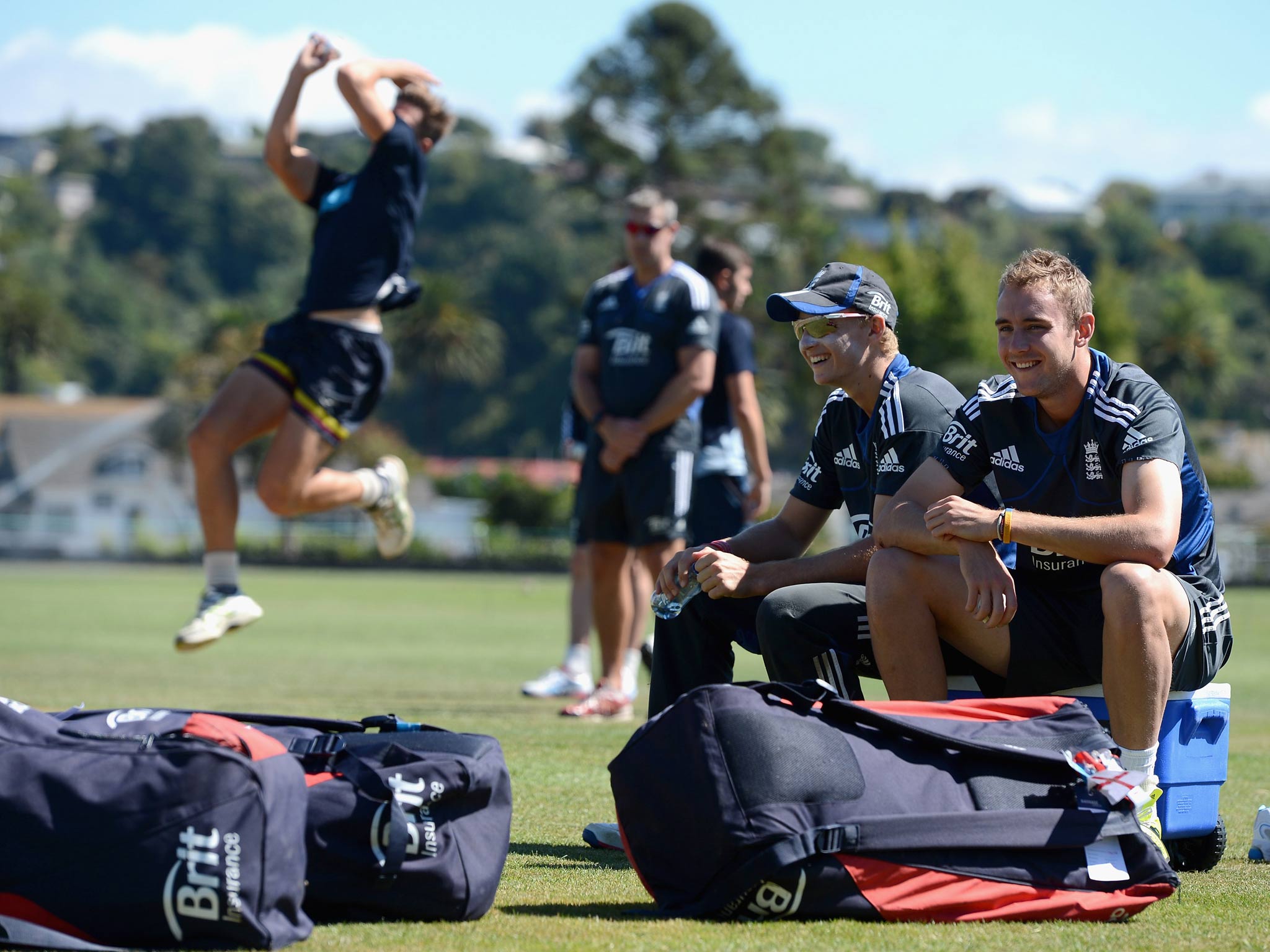 Joe Root and Stuart Broad of England wait to bat during an England nets session at Nelson Park in Napier